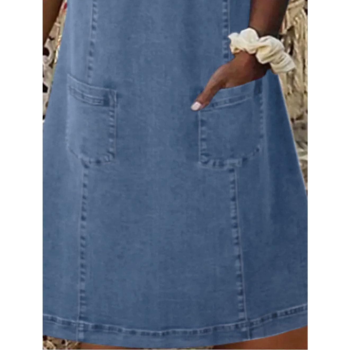 CHARTOU women's summer V-neck denim dress, loose denim short sleeved dress with pockets