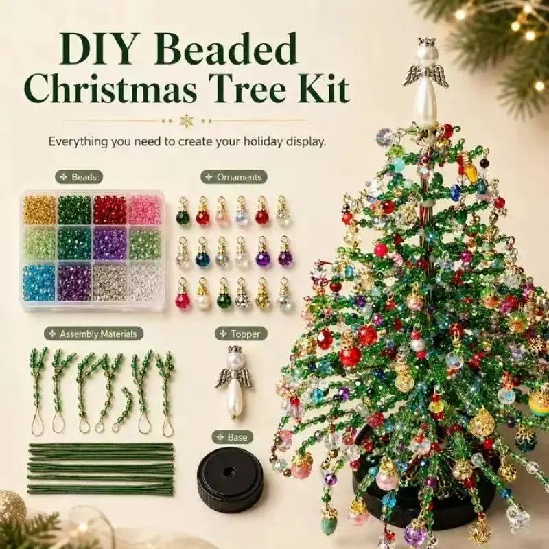DIY Beaded Christmas Tree Kit, CrystalChristmas Craft Set with Colorful BeadsOrnament Charms, Metal Tree Frame & AngelTopper, Handmade Holiday Decor, Warm GlowTabletop Decoration, Creative Christmas Gift