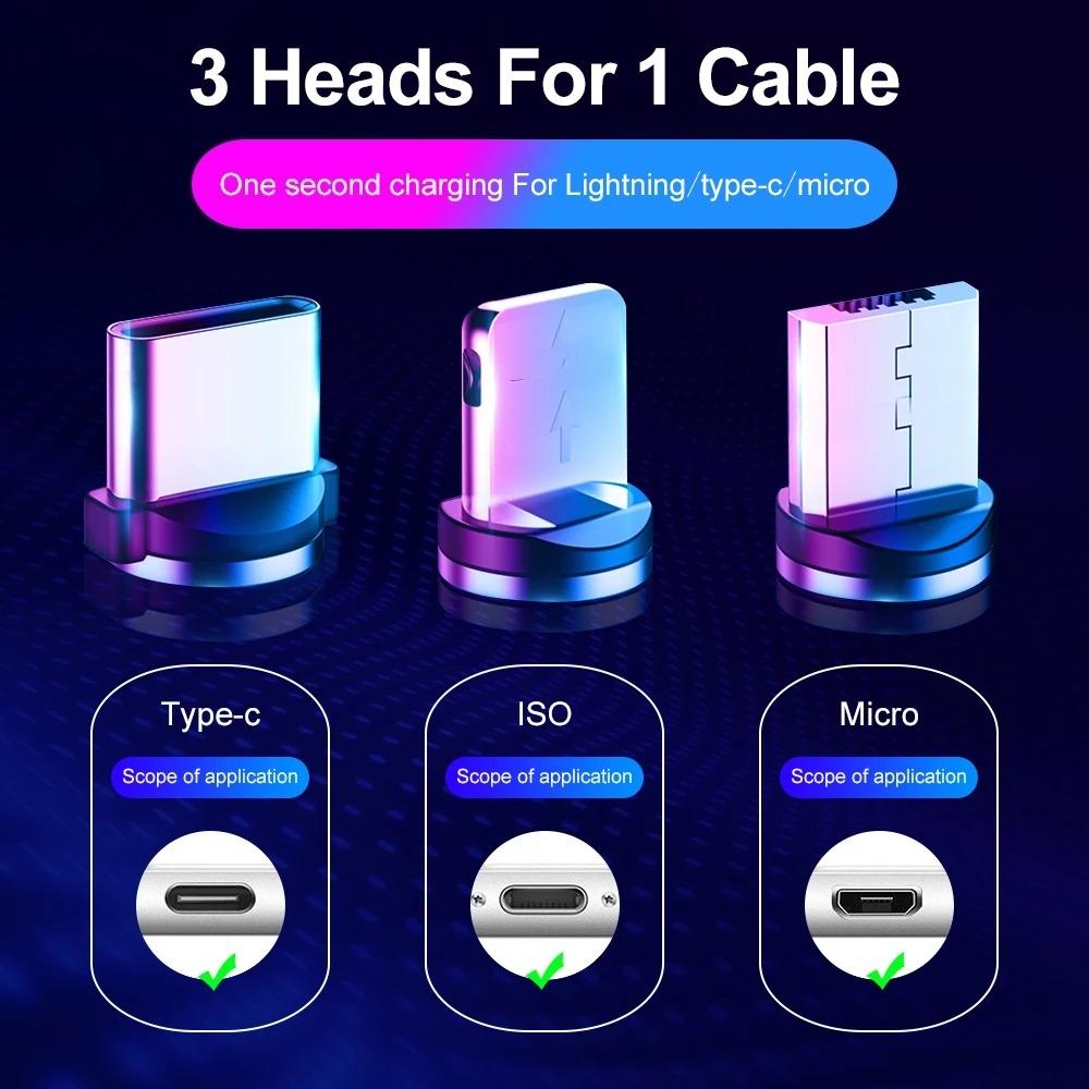 High-Quality 3-In-1 Magnetic Nylon Braided LED 1m Data Cable, Fast Charging Wire for iPhone, iPad, Samsung, Huawei, Xiaomi, Android, USB-C, Type-C