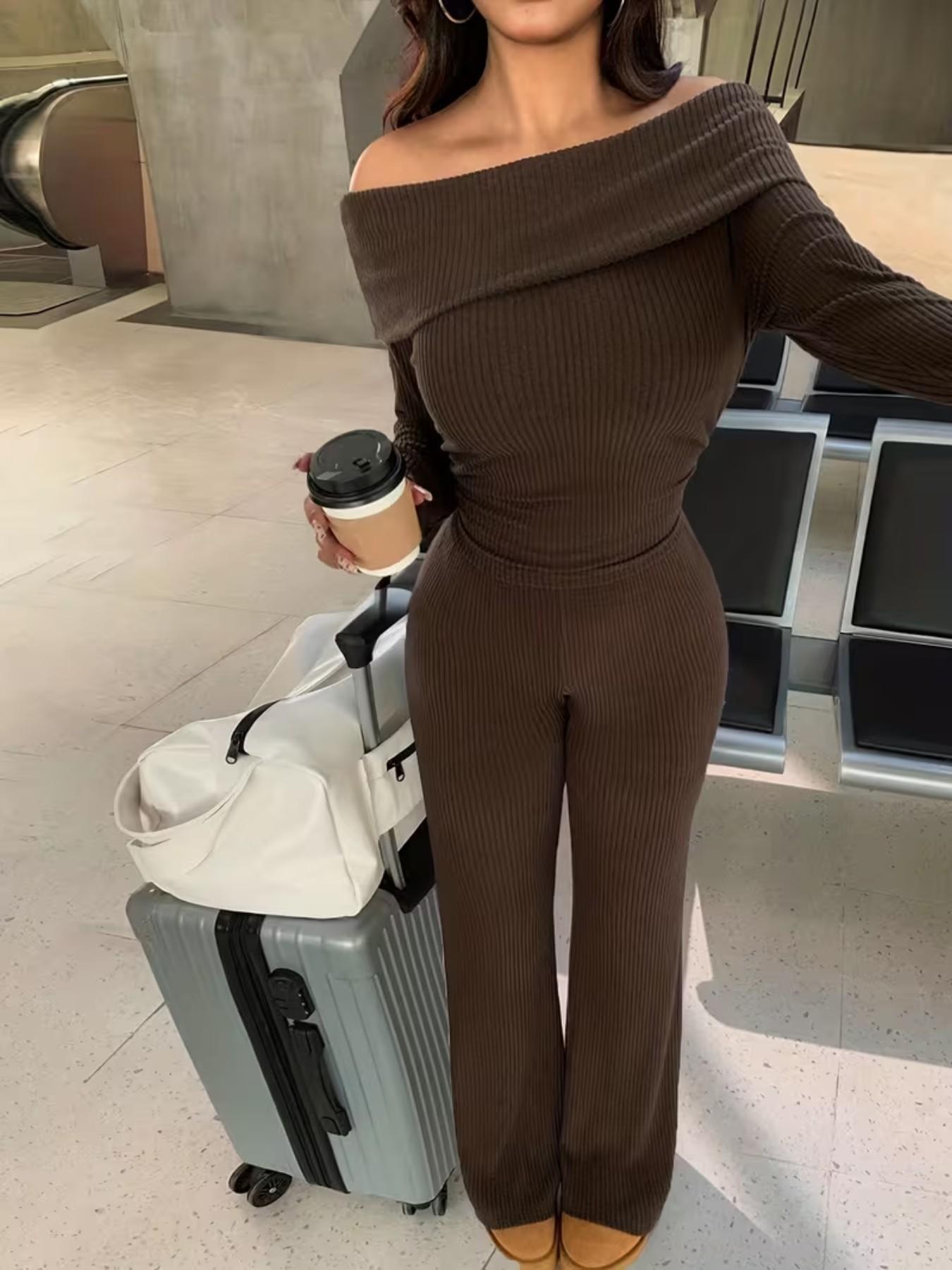 New European and American Style Fall Winter Solid Color Sexy Off-Shoulder Long Sleeve Top + Wide Leg Bell Bottom Pants Two-Piece Set