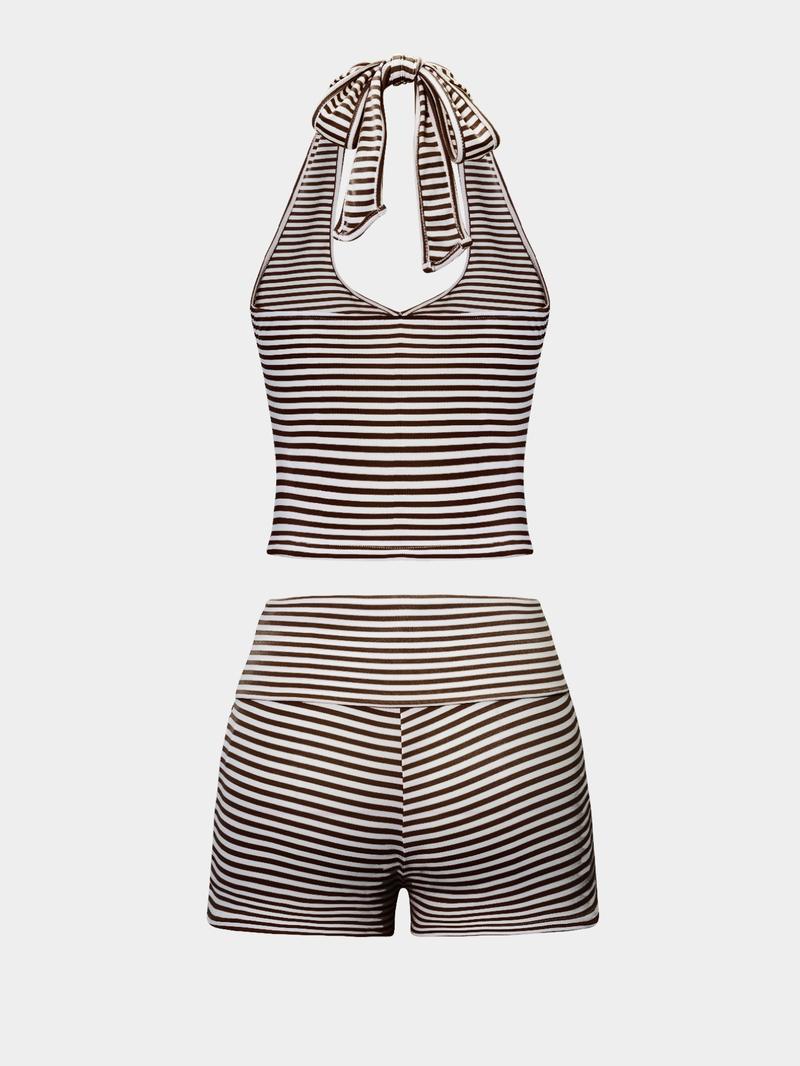 Women's Casual Striped Halter Neck Crop Top & Shorts Set, Summer Fitted Two-Piece, Stretchy Outfit Sets, Regular Length, Moderate Fabric Thickness