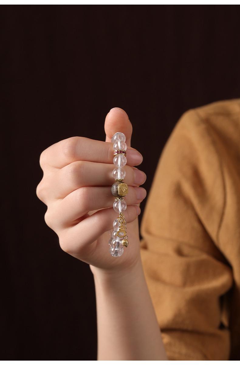 [Peace Balance] crystal bracelet, white crystal white phantom quartz agarwood, unisex, daily wear gift, 10mm beads natural stone gold accents, peace balance harmony symbol