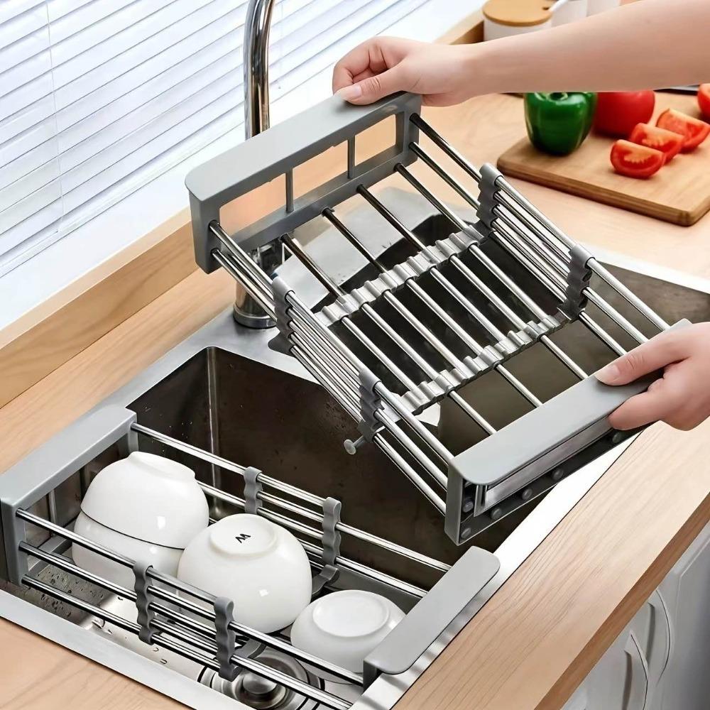 Heavy-duty stainless steel dish drying rack with drain tray, adjustable and rotatable drying rack with utensil and cup holders, Adjustable Dividers, space-saving kitchen countertop organizer, suitable for RVs, dormitories, efficient drainage system