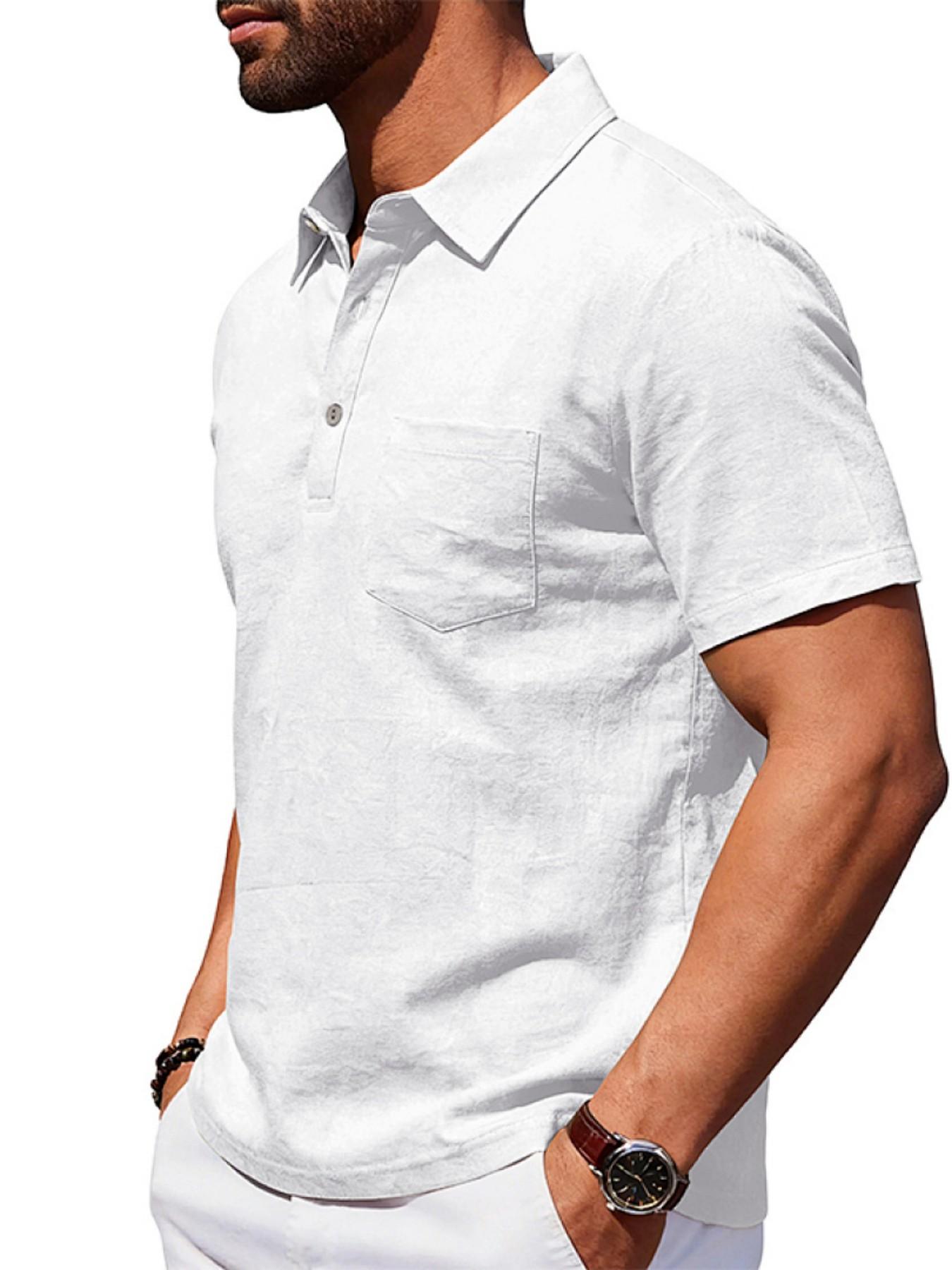 Men's Summer Linen Polo Shirt, Loose Fit Business Casual Breathable Commuter Top, Simple Design Short Sleeve Polo for Men