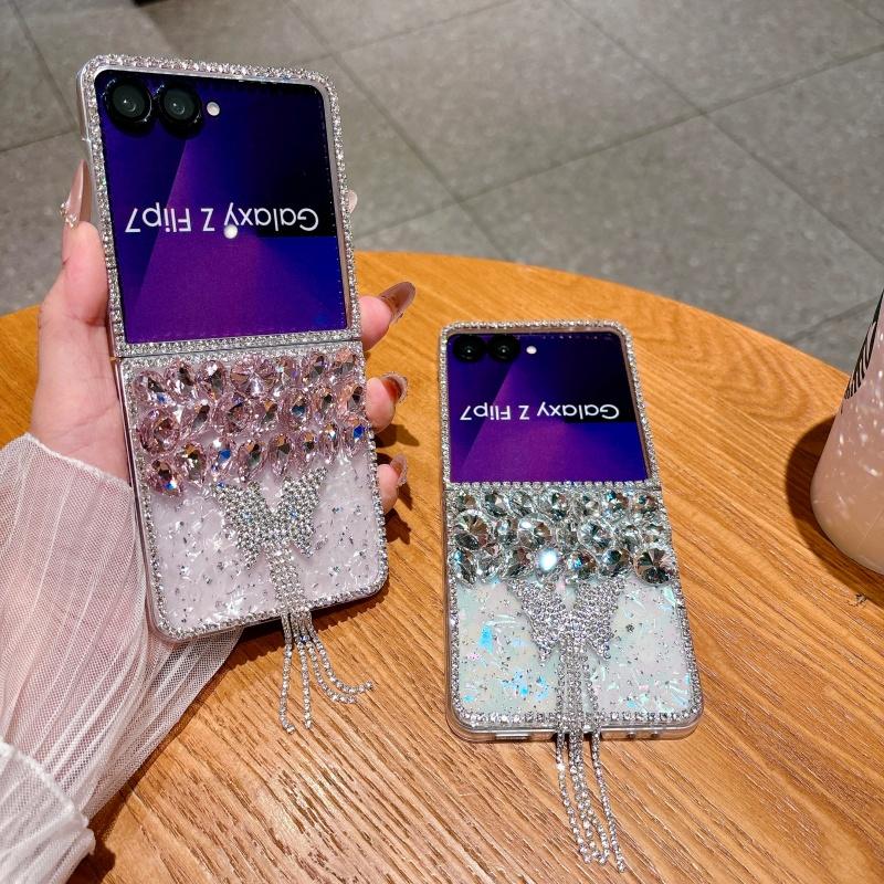 Luxury Rhinestone Butterfly Cute Phone Case For Samsung Galaxy Z Flip 7 6 5 4 Z Flip6 ZFlip7 Cover Korean Hard Cases ZFlip7 Capa