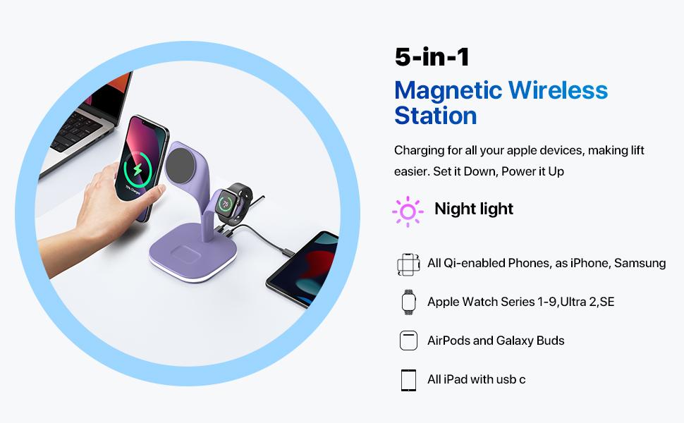 tiktok Portable Magnetic Wireless Charging station, phone holder 5 in 1 Fast Safe Wireless Charger stand for iPhone 12-16 Series