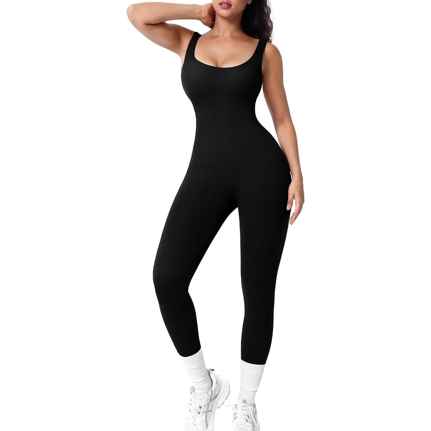Women's Square Neck Ribbed Bodycon Seamless Workout Jumpsuit Romper Bodysuit with Built-In BraGift
