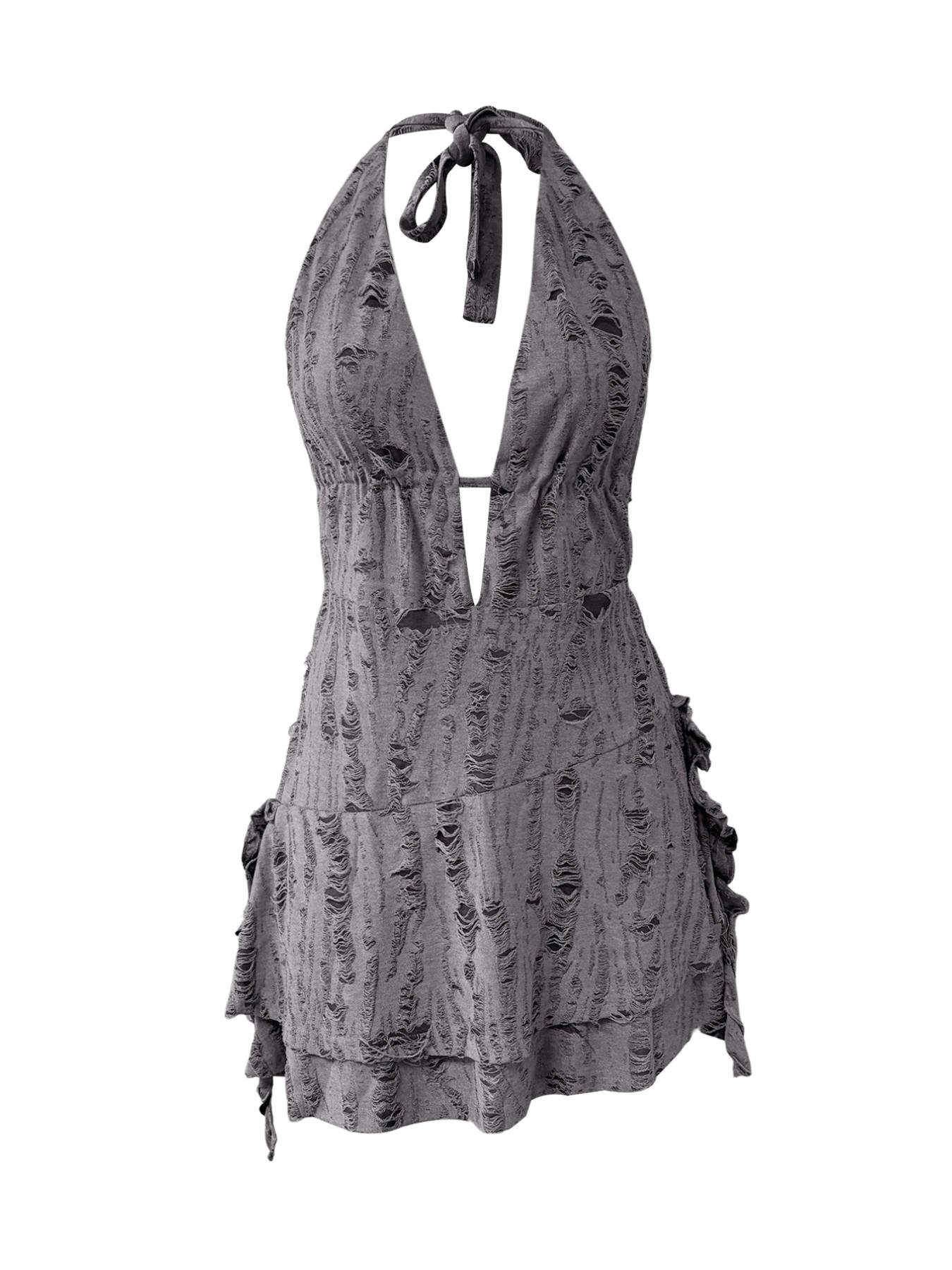 LovelyWholesale Women's Summer Vacation Solid Color Ripped Design Asymmetrical Hem Tie Halter Backless Sexy Mini Dress, Sexy Style, Perfect for Vacations