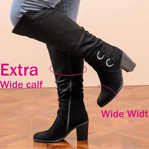 Luoika Women's Extra Wide Calf Knee High Boots Wide Fit Slouchy Chunky Pump Heel Plus Size 7W-13W 22 Inch wide width extra wide calf boots Footwear Walking Shoes Girl Active