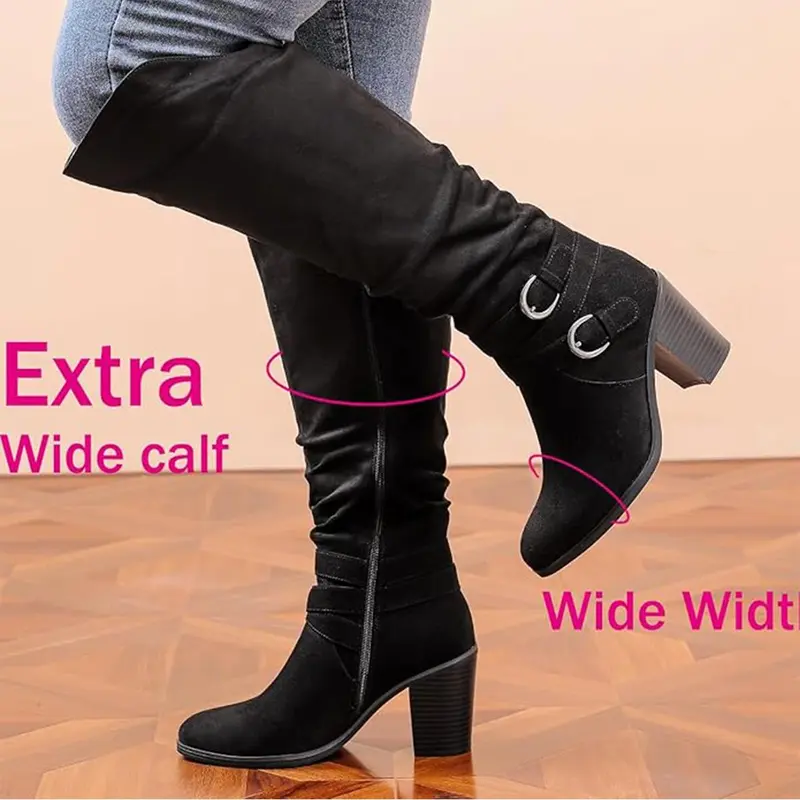 Luoika Women's Extra Wide Calf Knee High Boots Wide Fit Slouchy Chunky Pump Heel Plus Size 7W-13W 22 Inch wide width extra wide calf boots Footwear Walking Shoes Girl Active