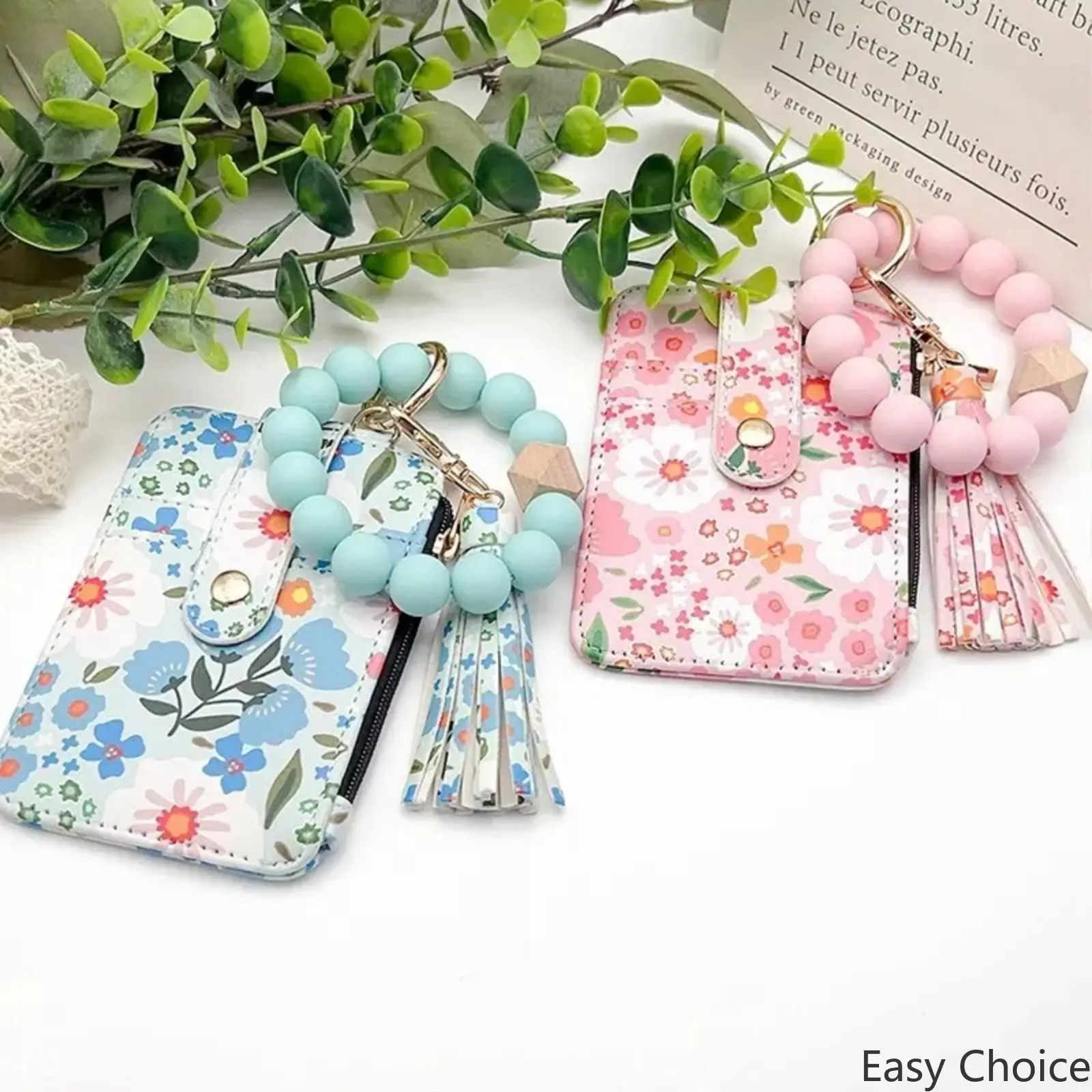 Women's Silicone Wristlet Keychain, Floral PU‑Leather ID Card Holder Wallet, Cute Key‑Ring Bracelet, Hands‑Free Everyday‑Carry Accessory for Keys, Badge, Office, School, Travel & Gifting