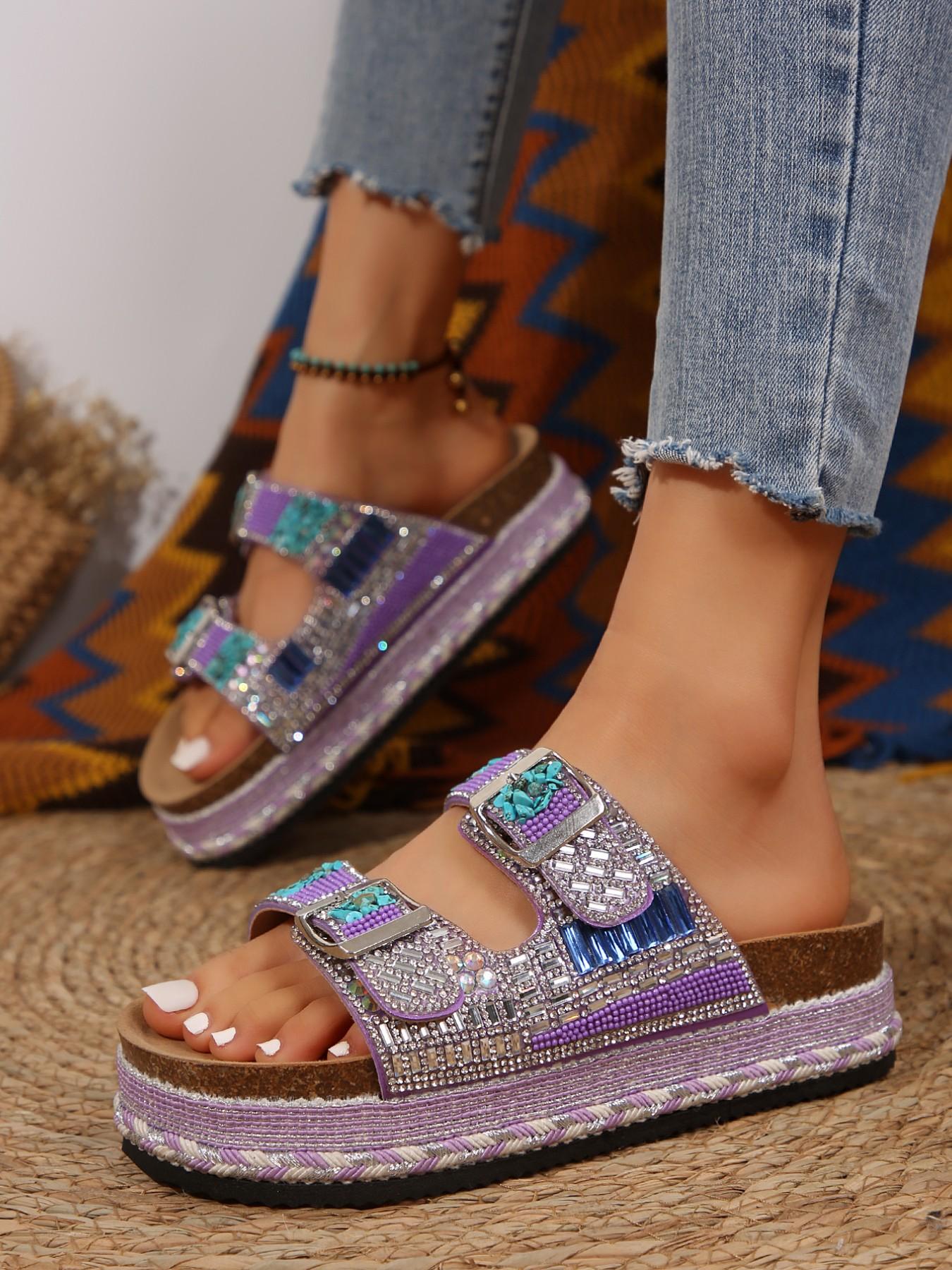 Women's Summer Fashion Thick Sole Sandals Bohemian Style Platform Slides 2026 New Trendy Rhinestone Colorful Stone Slippers O Wedge Beach Shoes Must-have for Coastal Vacation Flexible Sandals