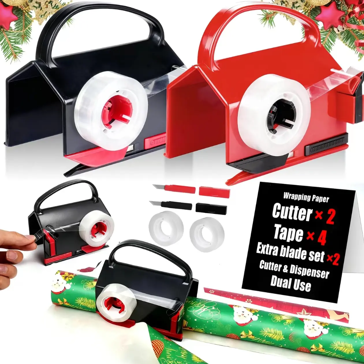 2pcs Dual-Use Wrapping Cutter & Tape Dispenser Office Cutting Supplies Kit with 4 Tapes, 2 Replacement Blades, Roll Holder Tube for Adults’ Christmas Gift Wrapping, Cellophane, Kraft Paper Office Accessories, Holiday