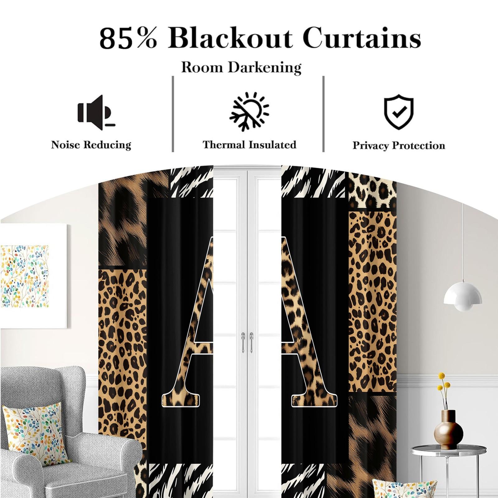 2 Panels 26 Letters Leopard Print Curtains, 80%-90% Light Blocking Curtains, Alphabet Printed Curtains, Stylish Decor Curtains for Bedroom Living Room, Wild Style Window Drapes, Ideal Gift