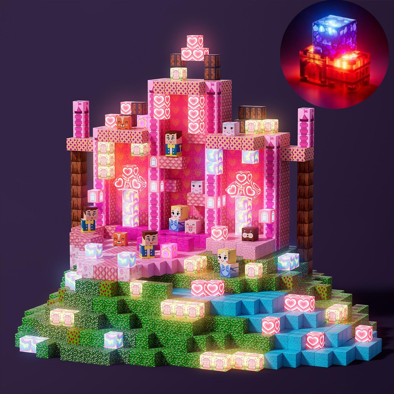 Magnetic Building Blocks 100/150/200 PCS, Light Up Pink Princess Castle Magnetic Blocks & Tiles Set, Large Particles STEM Montessori Sensory Toys for Spatial Reasoning & Cube Building, Outdoor Magnetic Cubes for Ages 3+ Boys Girls Christmas Birthday Gift