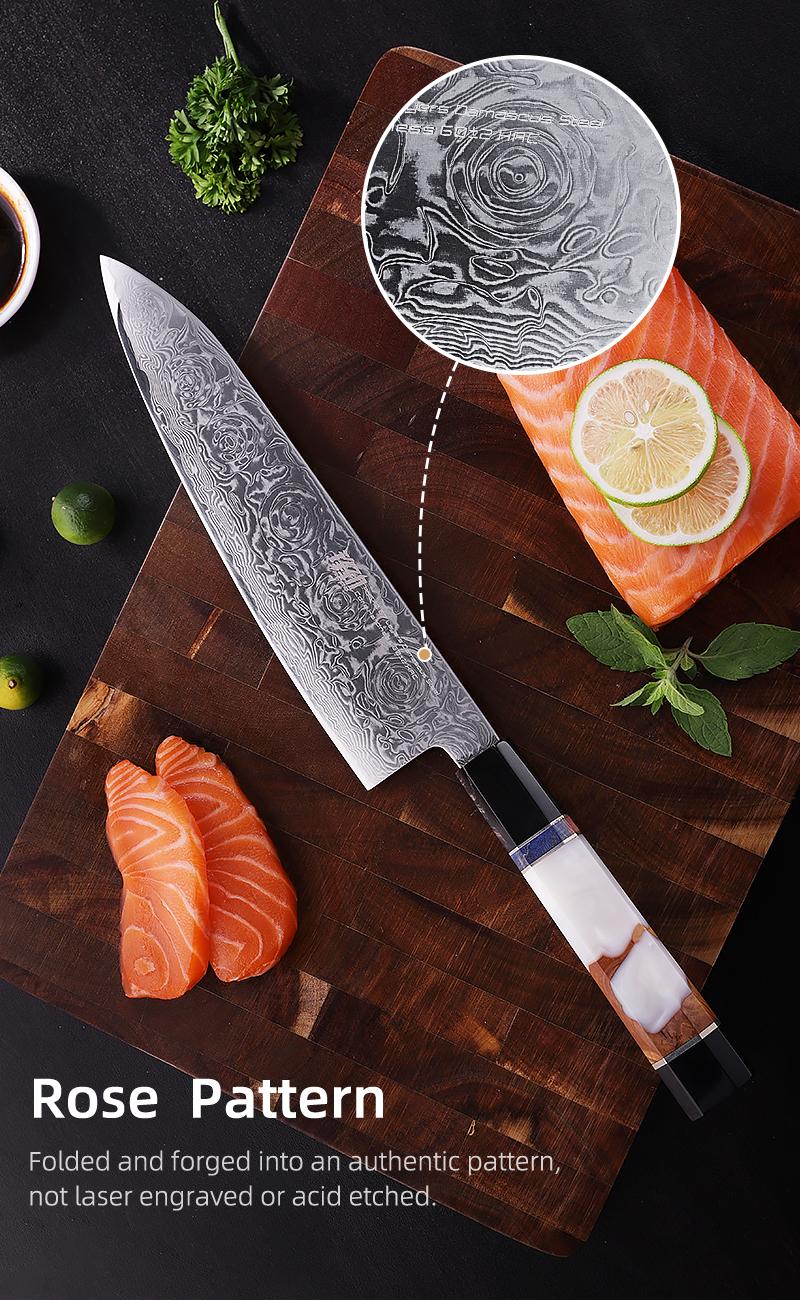 FINDKING 8 Inch Japanese Chef Knife, Professional Gyuto Kitchen Knife, Sharp, Sturdy & Elegant Damascus Knife, for Everyday Cooking (BLACK-ROSE Series)