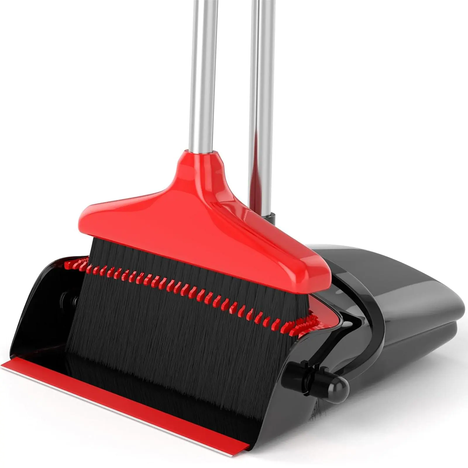 Nifogo Broom and Dustpan Set, 45.7-in Long Adjustable Handle Broom Dustpan Combo with Dustpan Teeth to Automatically Clean Hair Suitable for Home Kitchen Office Hall Floor(Black&Red)