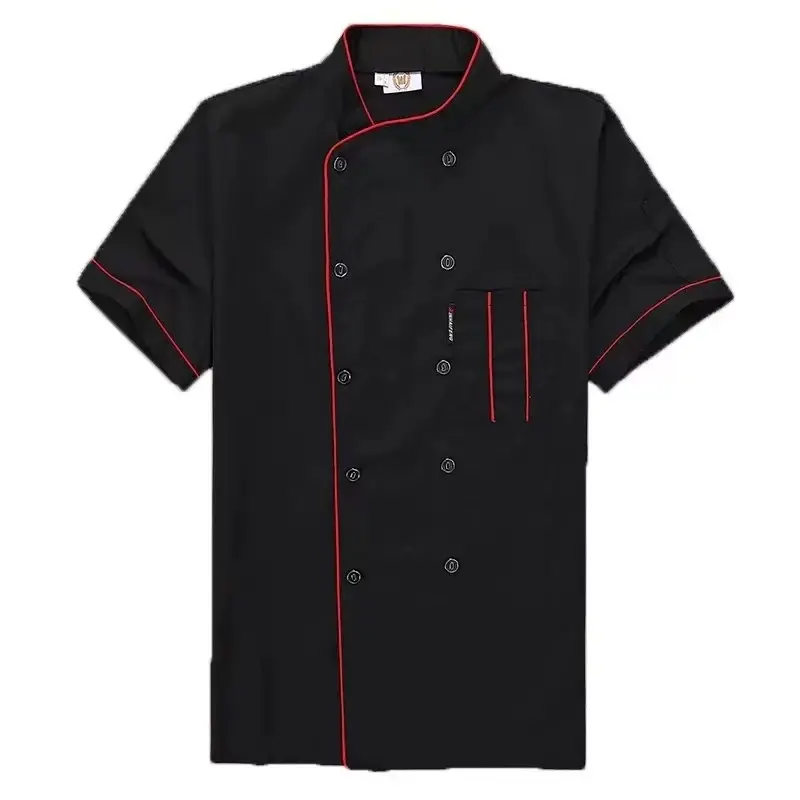 Men's and Women's Styles  Professional Chef Jacket - Double-breasted, Stand-up Collar, Short-sleeved with Pockets - Black and Red, Multi-functional Work Uniform, Suitable for Chefs and Waiters