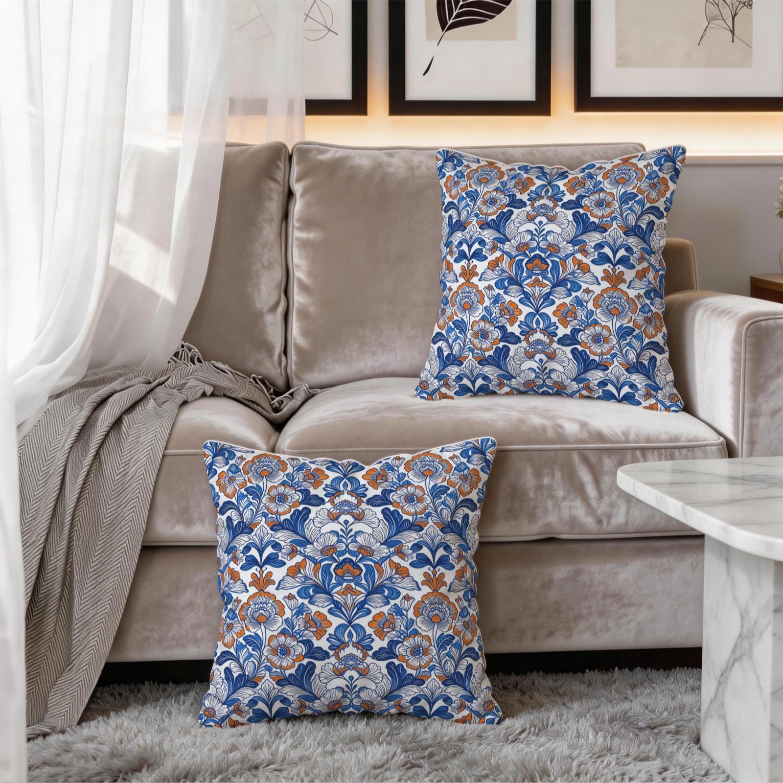 1 Piece Bohemian Blue Orange Floral Throw Pillow, HD Digital Printed Decorative Cushion, Aesthetic Boho Accent Pillow for Sofa, Couch, Bed and Living Room Home Decor
