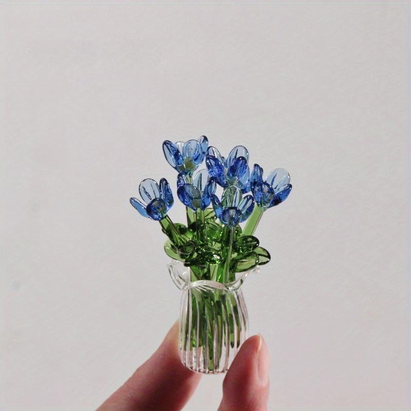 1 set (7 flowers+1 vase) glass simulation flower decoration ornaments, handcrafted mini glass flowers, DIY flower arrangement bouquets, faux flowers, Artificial mixed flower, Decorative Flowers Bouquet, suitable for gifting, event decorations