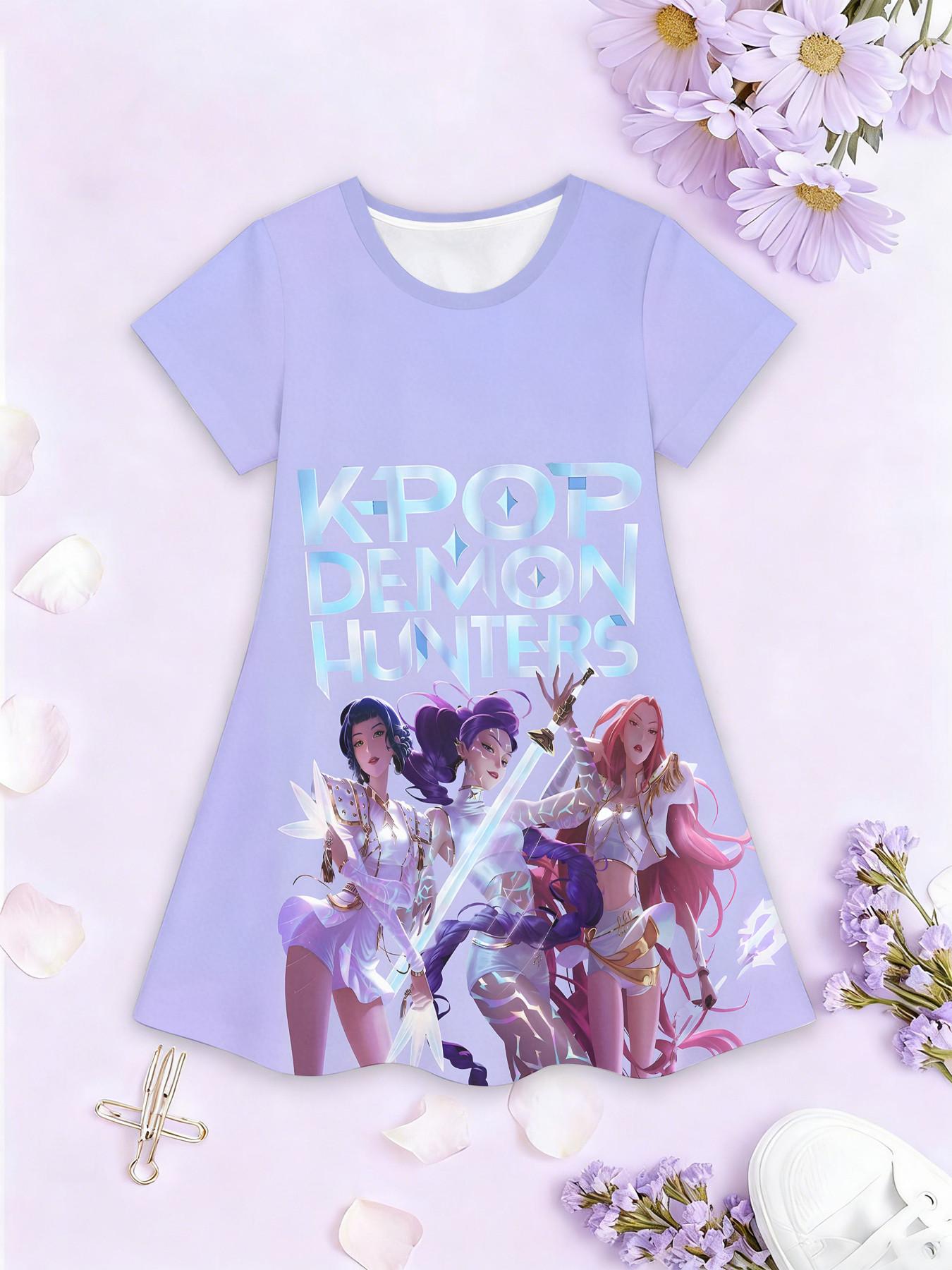 Girls' 3D Short Sleeve Dress, Light K-Pop Demon Hunters Full Print, Perfect for Parties, Festive Gifts, Birthday Presents