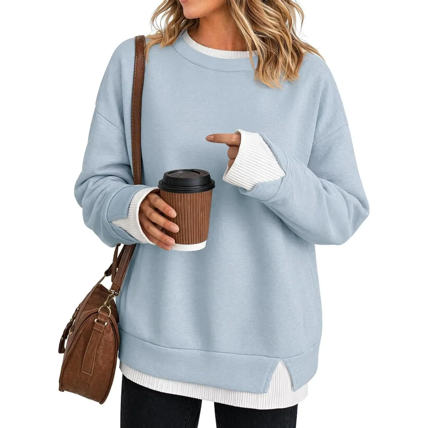 Women's Oversized Ribbed Round Neck Long Sleeve Faux Layered Tunic Sweatshirt - Drop Shoulder, Side Slits, Chic Cowboy Style, Breathable Warm Soft Essential for Fall Teacher Outfits | Casual Loungewear Pair with Jeans