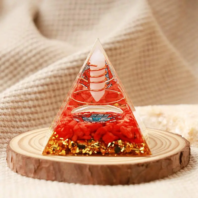 Handmade Quartz Resin Orgone Pyramid - Crystal Point, Crushed Gemstones, Epoxy Energy Healing Statue, Aesthetic Room Decor for Home Office Desk, Spiritual Meditation Gift (Indoor Recreation Accessory), Desk Ornament