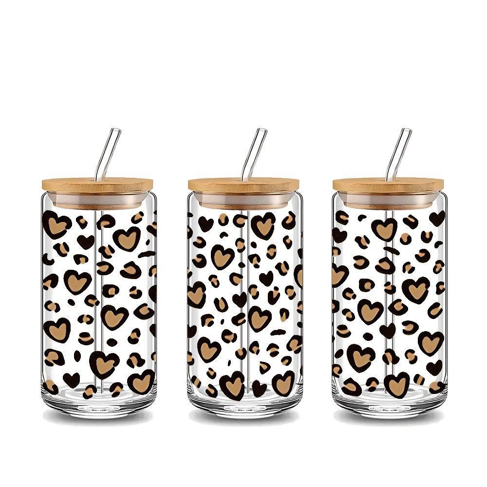 Trendy Heart Leopard Print Glass Tumbler with Lid & Straw, Clear 16oz covered straw glass drinking cup, reusable glass drinking cup, high-quality glass jar design, suitable for iced coffee, beer, juice, milk, cold drink glass cups, fashionable glassware