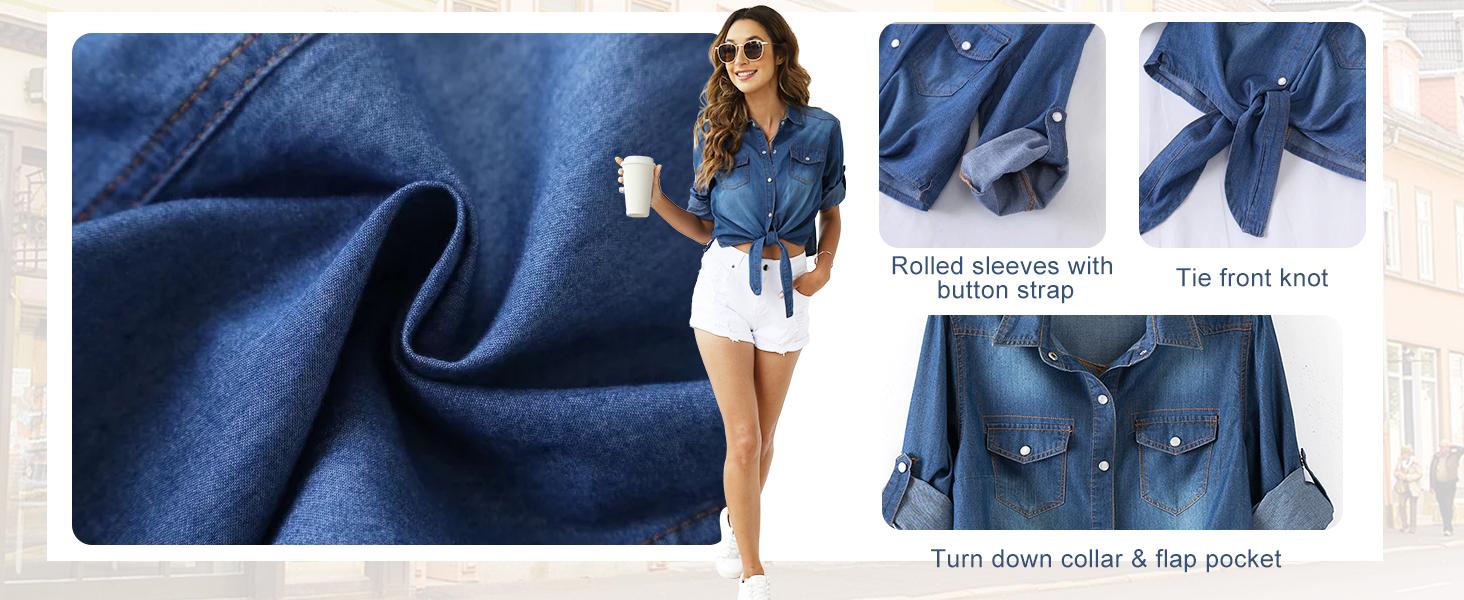 Tanming Women's 3/4 Sleeve Denim Tie Knot Crop Top | Y2K Western Button Down Shirt for Summer Outfits Tanming Women's 3/4 Sleeve Denim Tie Knot Crop Top | Y2K Western Button Down Shirt for Summer Outfits