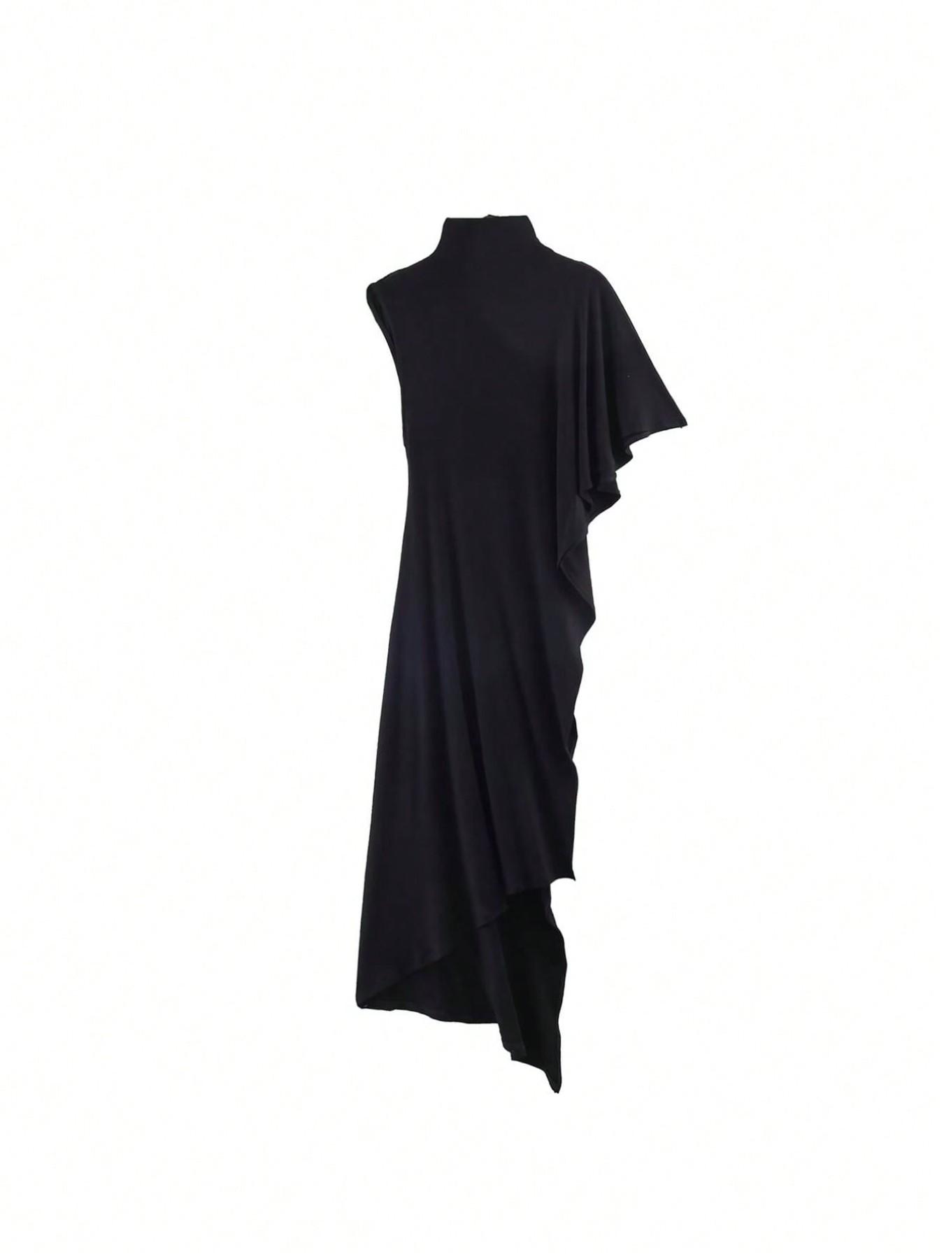 Women's Summer Minimalist High Street Half-Neck Asymmetric Sleeve Long Coat, Irregular High Split Hem, Comfortable Fabric, Versatile