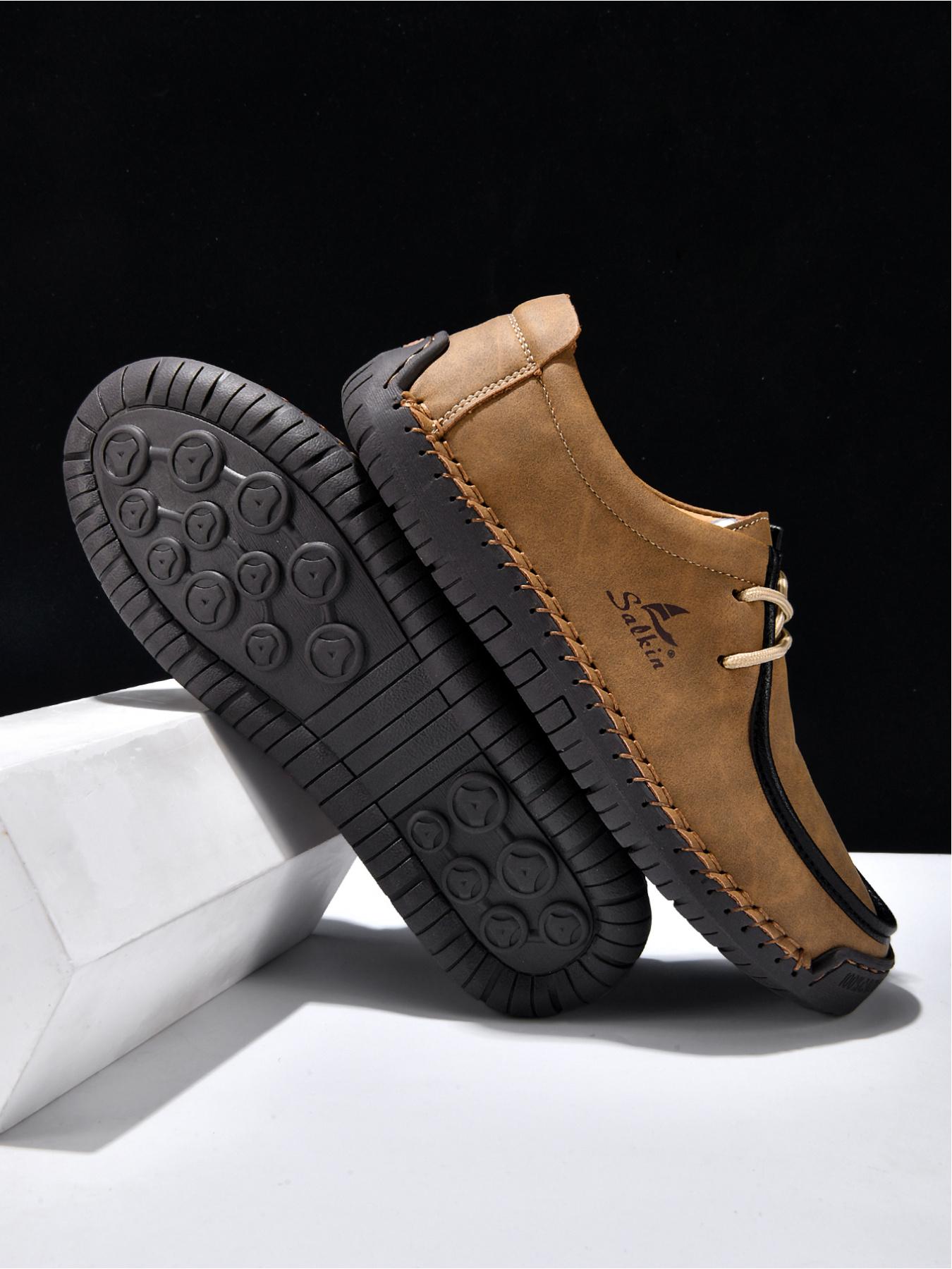 Men's Black Hand-Stitched Casual Shoes, Soft Sole Non-Slip Slip-On Driving Shoes, Dad Shoes