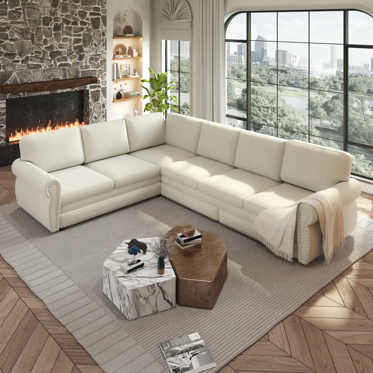 118" Oversized L-Shaped Chenille Sectional Sofa Bed with Pull-Out Sleeper, Cozy 6-Seater Couch with Nailhead Trim, Spacious Guest Bed for Living Room & Family Gatherings, Beige/White