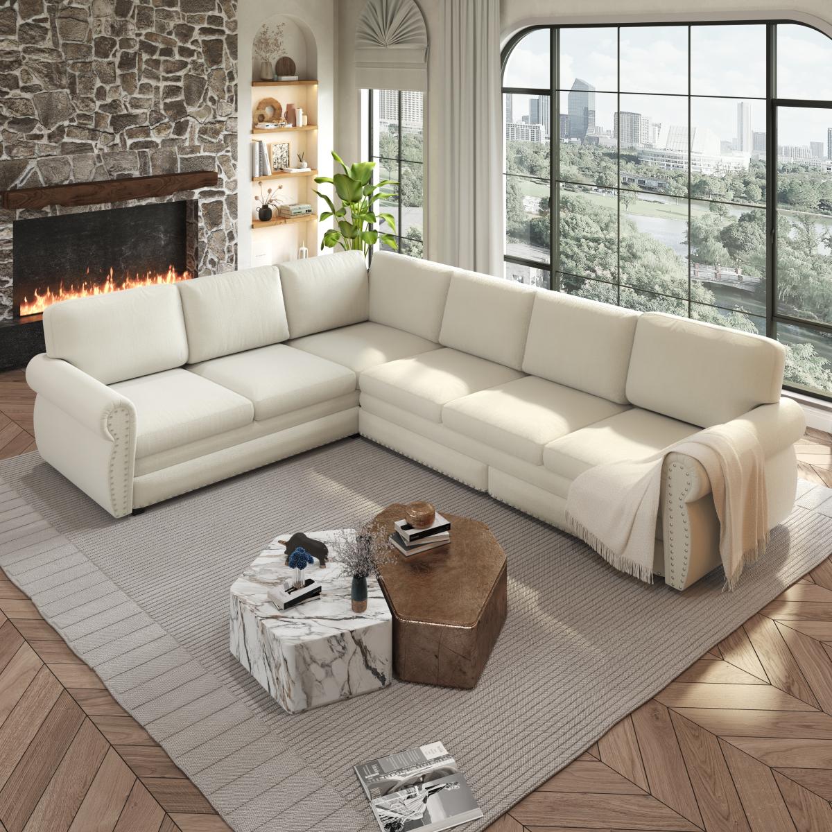 118 in Oversized L-Shaped Chenille Fabric Sectional Sofa with Pull-Out Bed, 6-Seater Couch with Nailhead Trim, Spacious Guest Option for Living Room, Beige/White