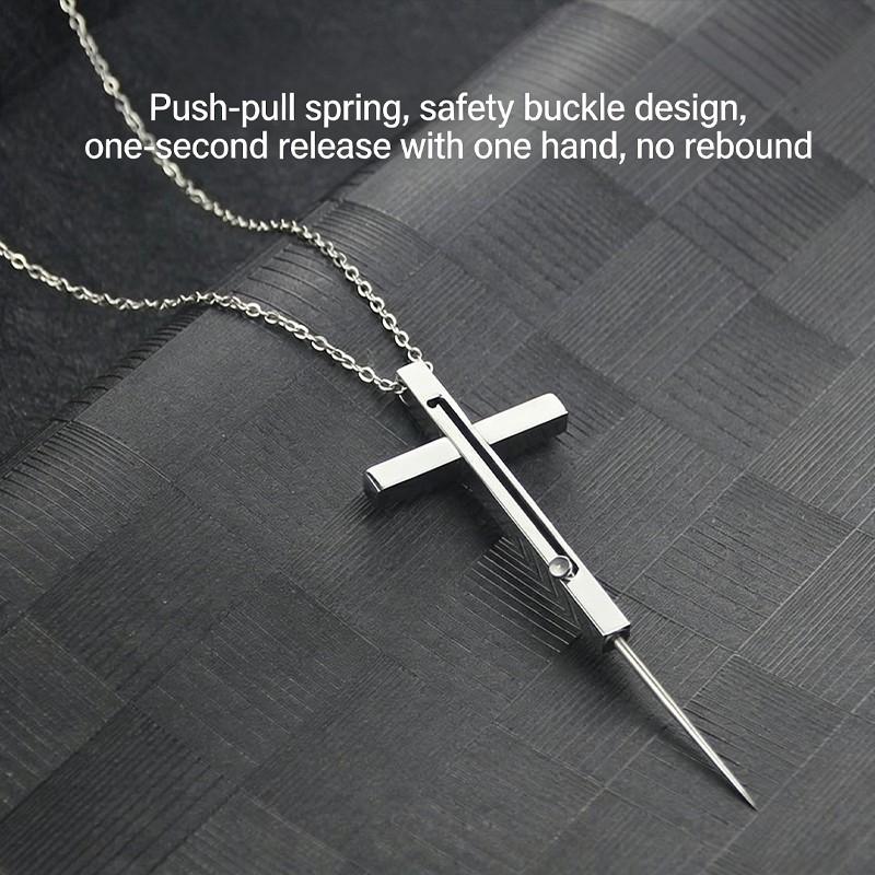 Hidden Self-Defense Cross Necklace, Push-Pull Spring Mechanism, Single Hand Quick Deployment, Airline Safety Jewelry