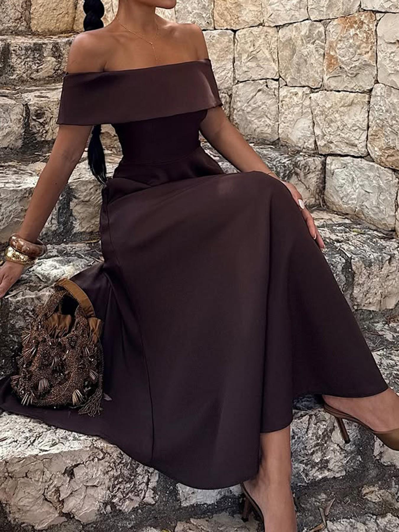 Elegant Off-Shoulder Dress with Waist Design, Simple and Classic Party Wear, Women's Stylish Evening Dress for Special Occasions