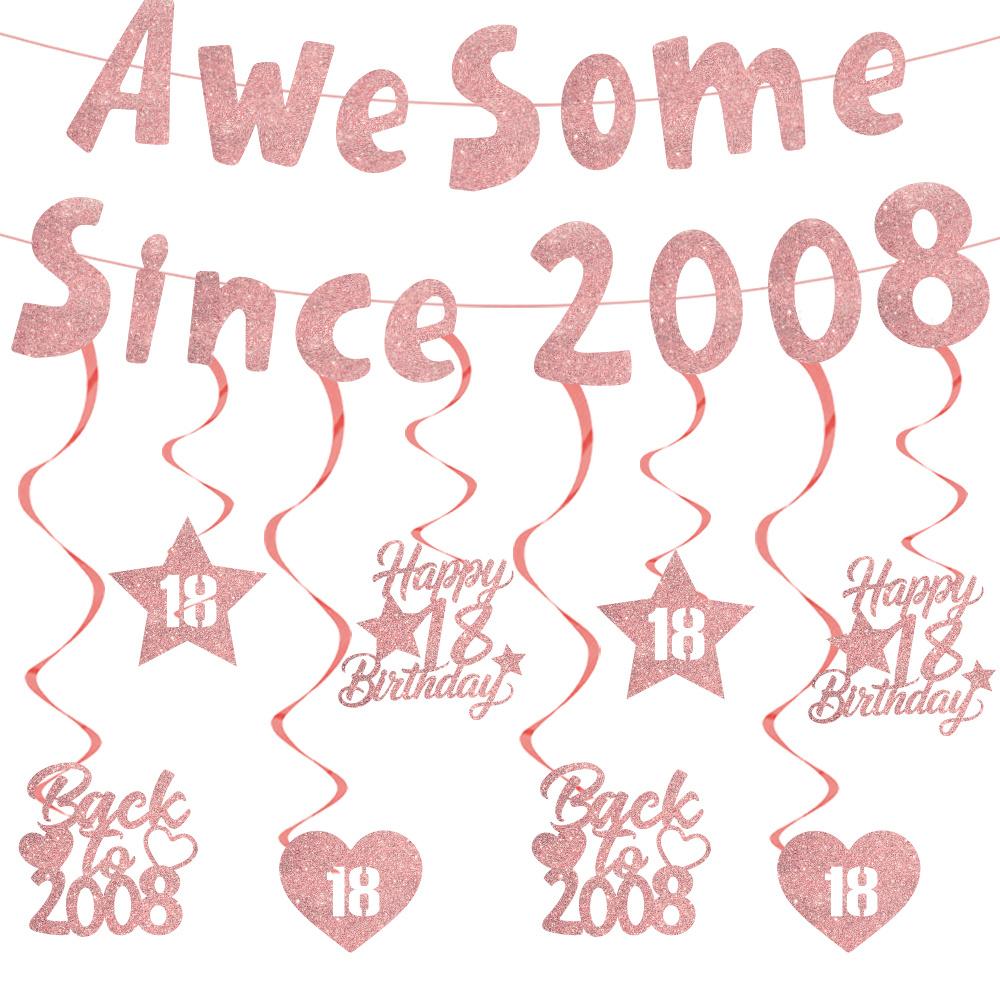 Happy 18 Year Old Birthday Decorations, Rose Banner with Hanging Swirls, Funny 18th Birthday Anniversary Party Supplies