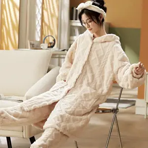Hooded Women Pajamas Set Winter Sleepwear Fleece 2 Piece Pant Home Suit Fluffy Korean Solid Piiama Warm Pocket Night Wear Female