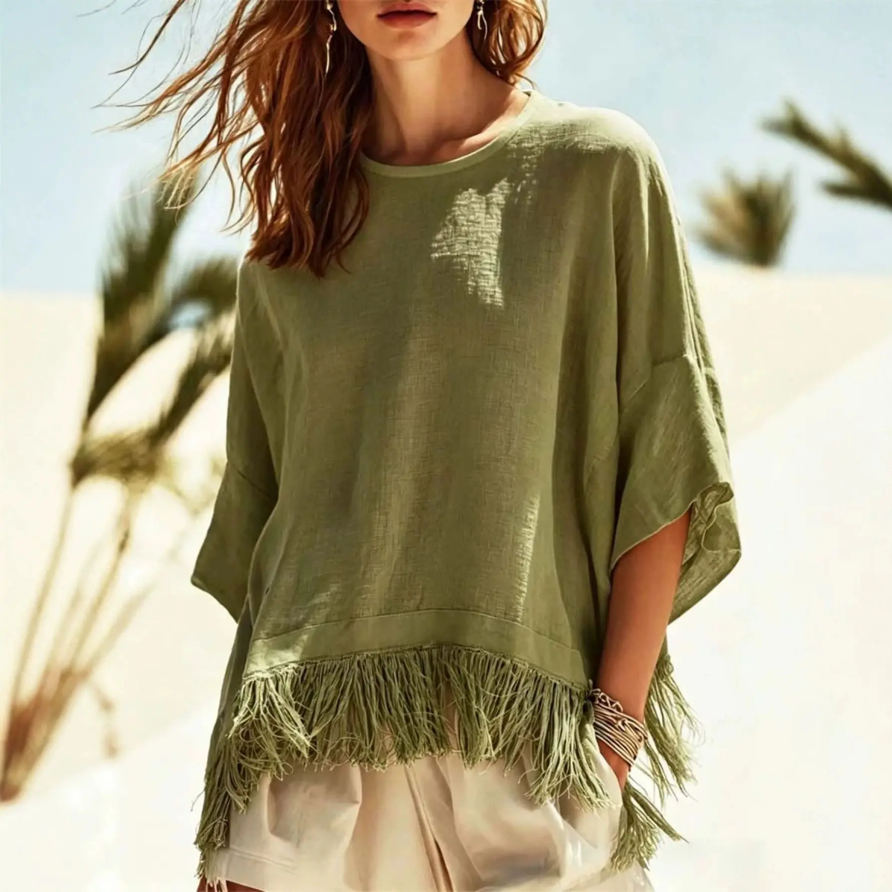 Fringe Hem Linen Top, Oversized Crew Neck  Gauze Blouse, Coastal Cowgirl Boho Western Casual Summer Beach Resort Outfit Shirt