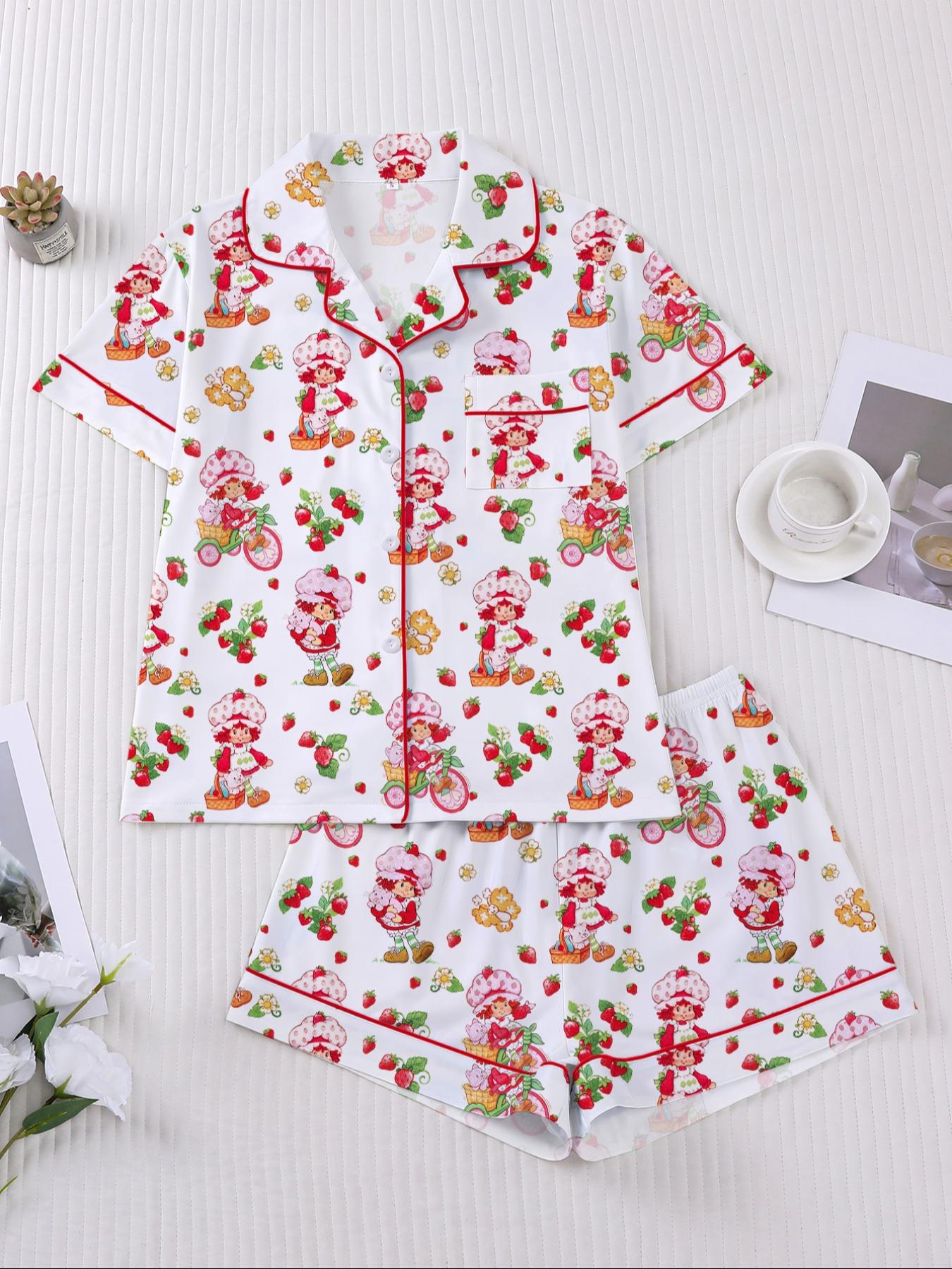 Women's Strawberry Cartoon Print Sleepwear Set, Short Sleeve Button-Up Top & Elastic Shorts, Casual Home Wear for Daily Use