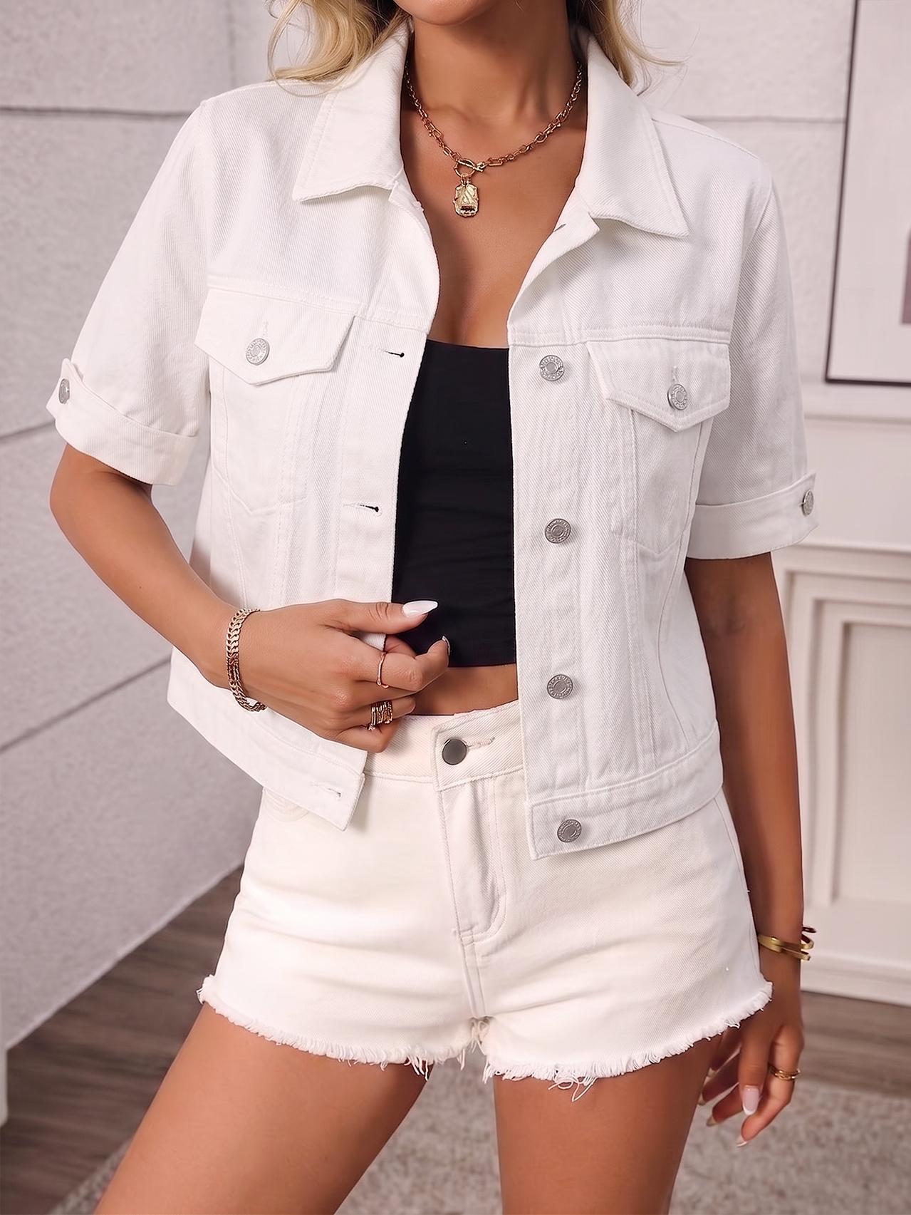 Women's Classic Short Sleeve Denim Jacket, Casual Single Button Short Denim Collar Top, Summer Outerwear, Loose-Fitting