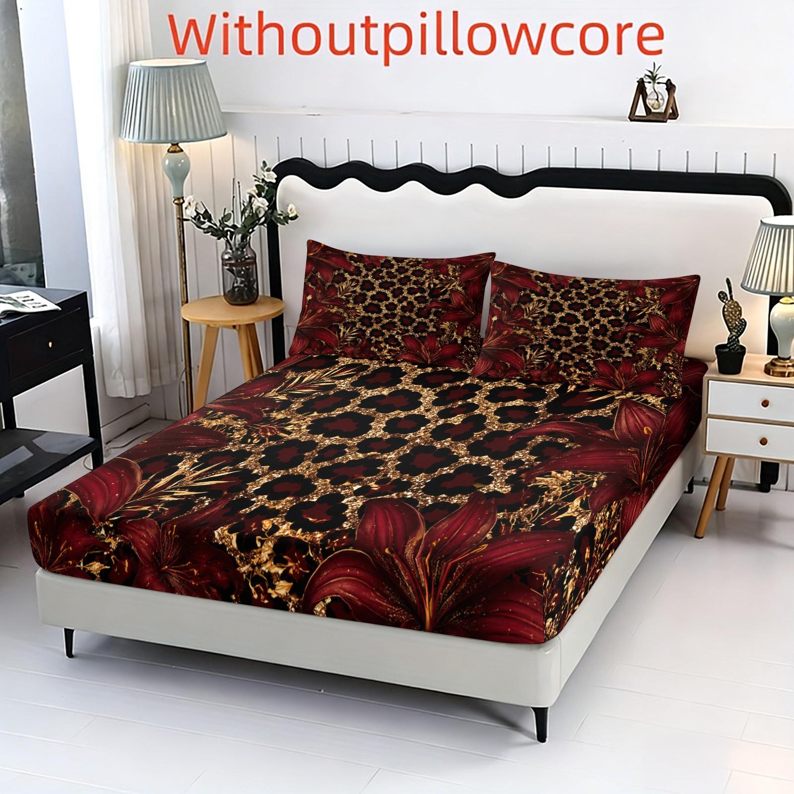 3-piece wine red gold leopard print lily flower printed bedding set, with 25cm deep pockets, including 1 bedspread and 2 pillowcases (without filling material), suitable as a holiday gift for friends, applicable for bedrooms, guest rooms, dormitories