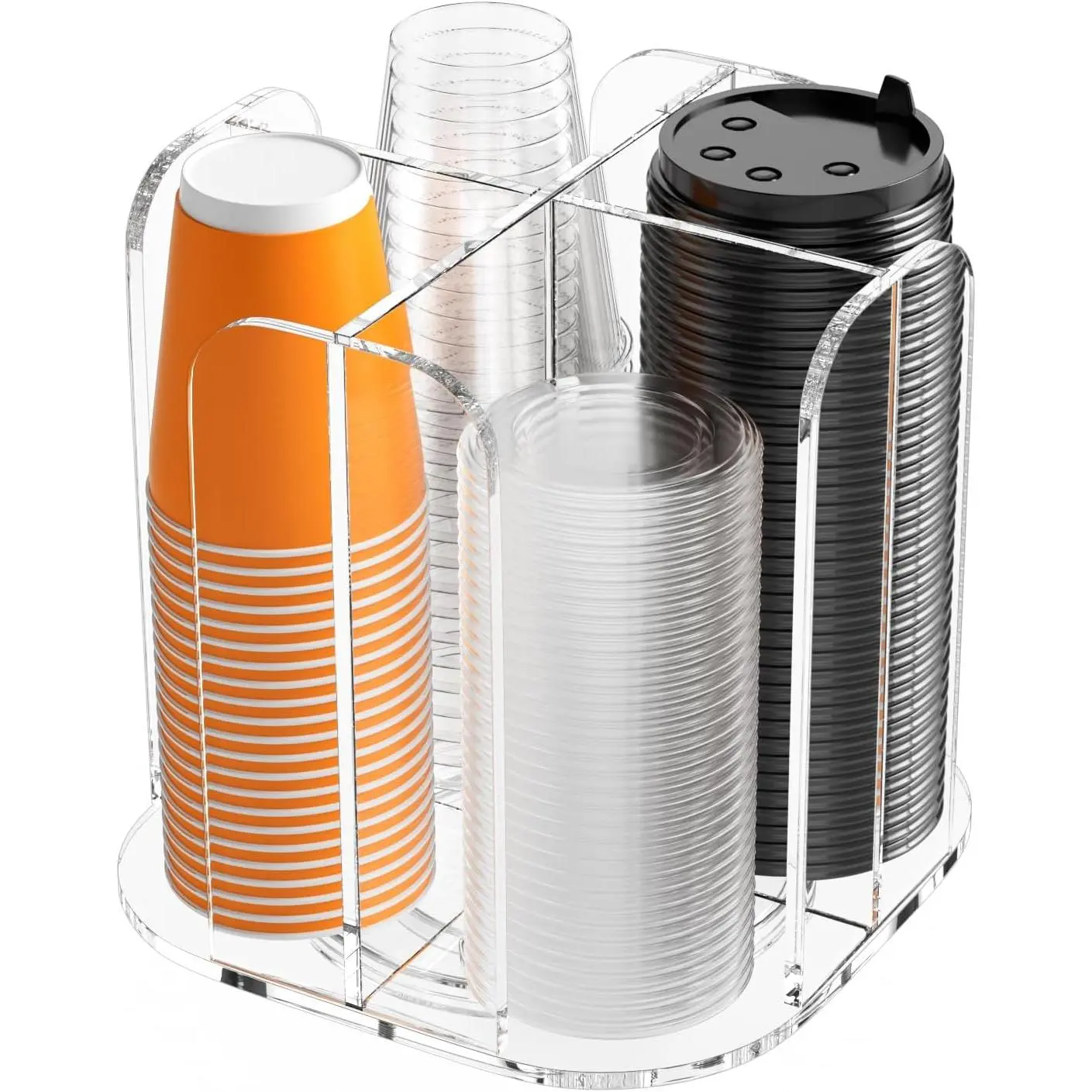 Rotatable 4-Compartment  Cup Dispenser - Coffee Station Cup and Lid Carousel Countertop Plastic Cup Holder for Restaurant Breakroom Coffee Bar