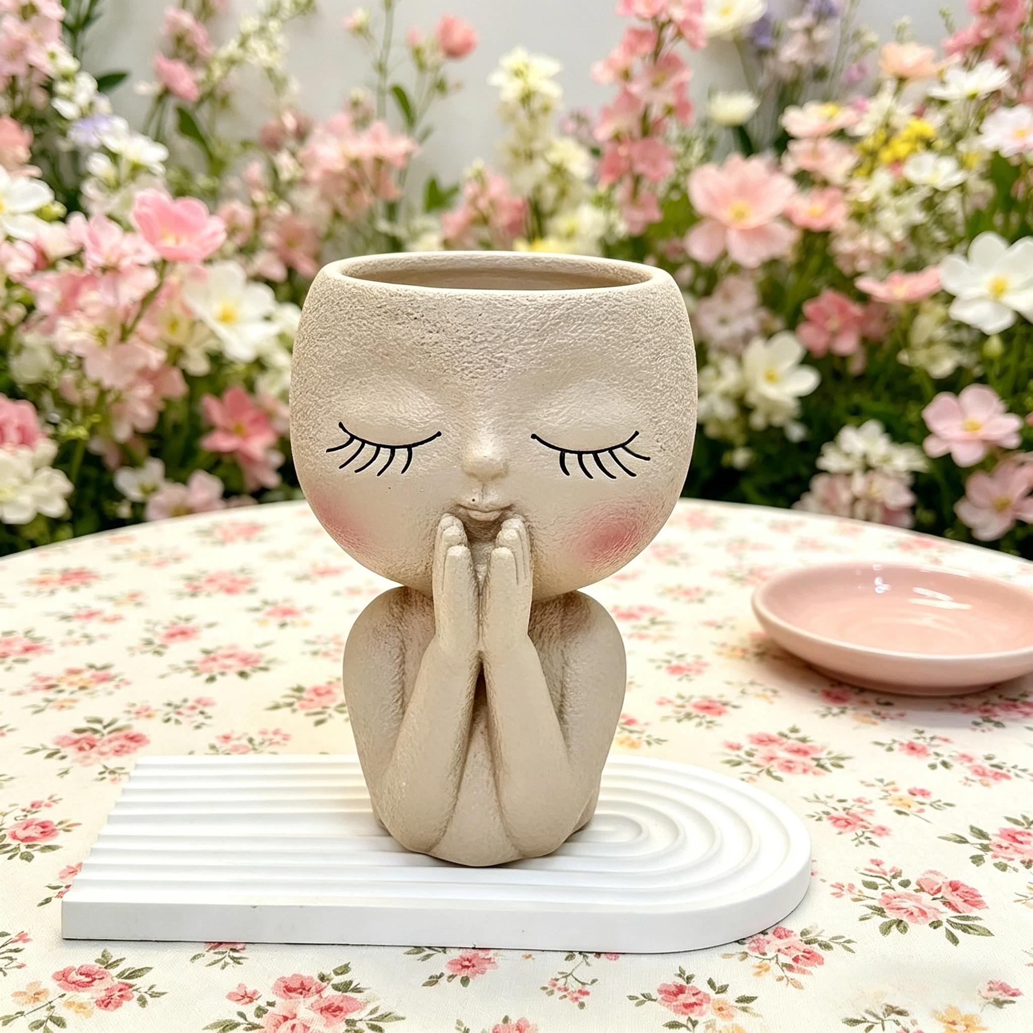 Closed Eyes Girl Vase Resin Decorative Piece, Nordic Style Creative Desktop Floral Decoration, Home Soft Furnishing Essential
