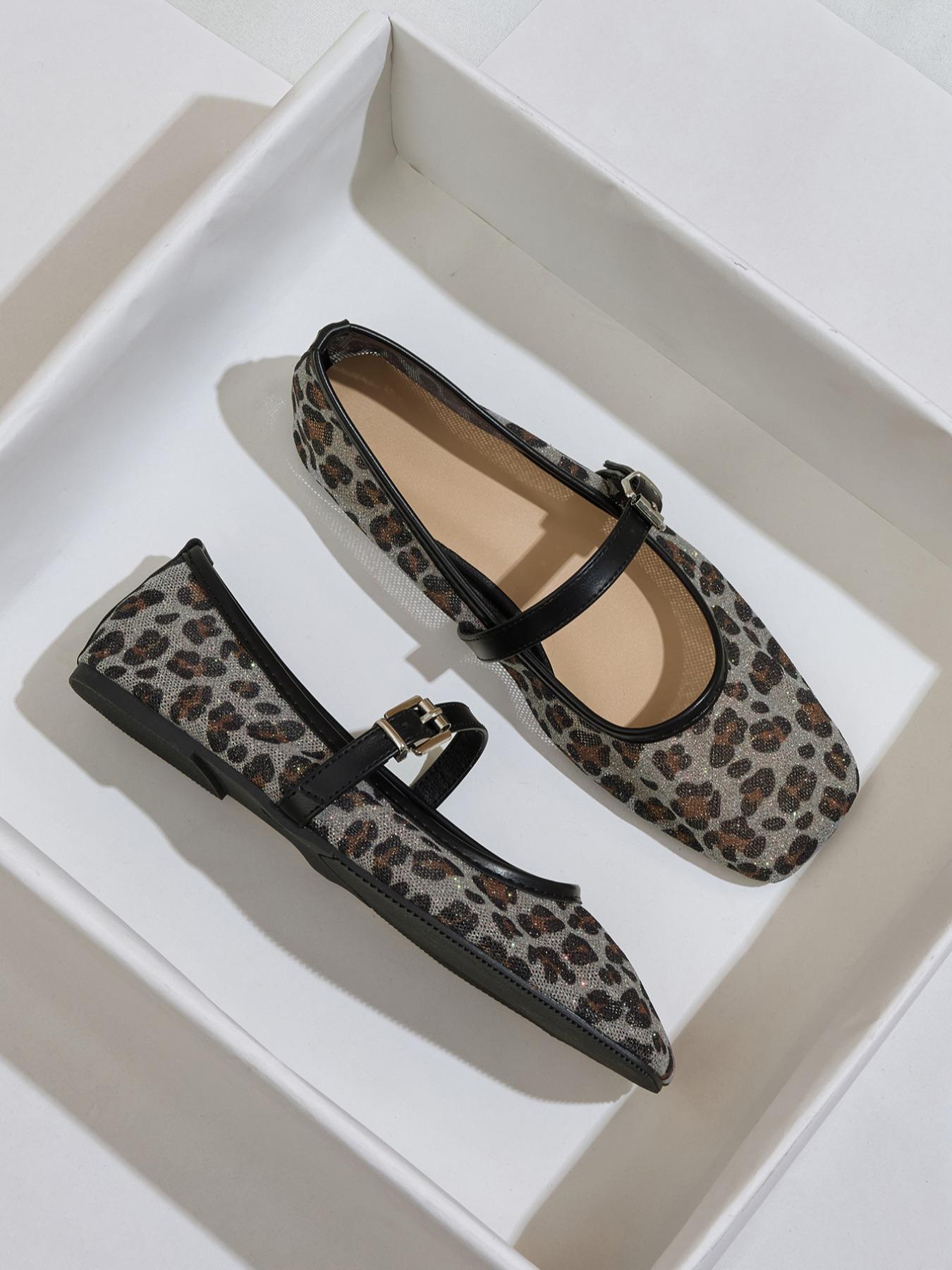 Women's Leopard Print Slip-On Netted Ballet Flats, Breathable Mesh Square Toe Mary Jane Shoes, Lightweight Comfortable Casual Sandals