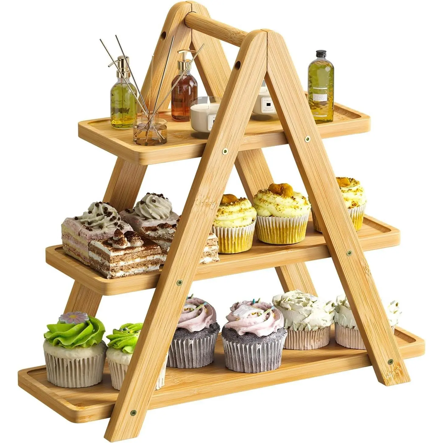 3 Tier Serving Tray Cupcake Stand and Towers Serving Tray for Party Food Tray Farmhouse Serving Platter Decorative Tray Decor Dessert Display Set Tiered Tray Stand (Natural)
