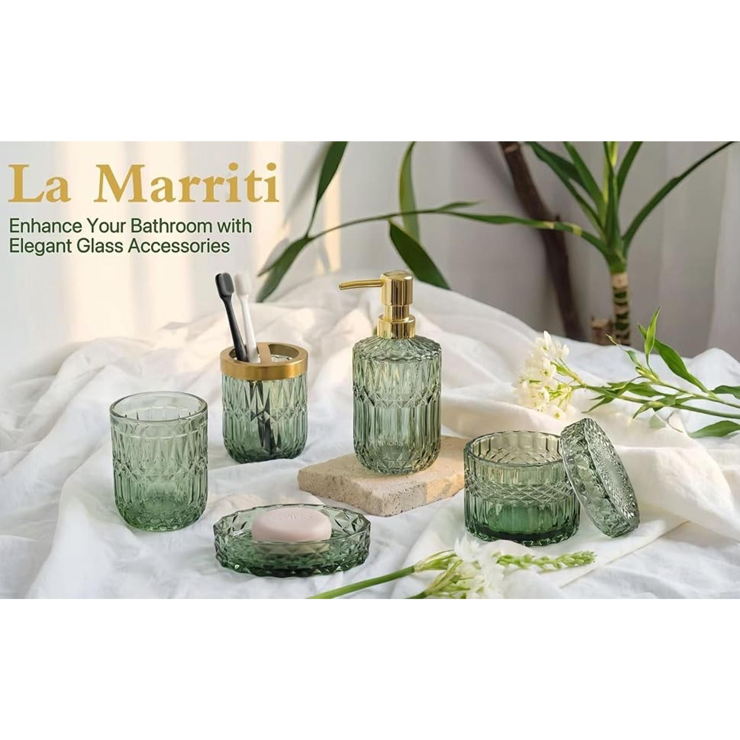 Green Bathroom Accessories Set, 6 Pcs Clear Glass Bathroom Set, Soap Dispenser, Soap Dish, Toothbrush Holder, Tumbler, Q-Tips Holder for Vintage Crystal Bathroom Decor, Gift Set