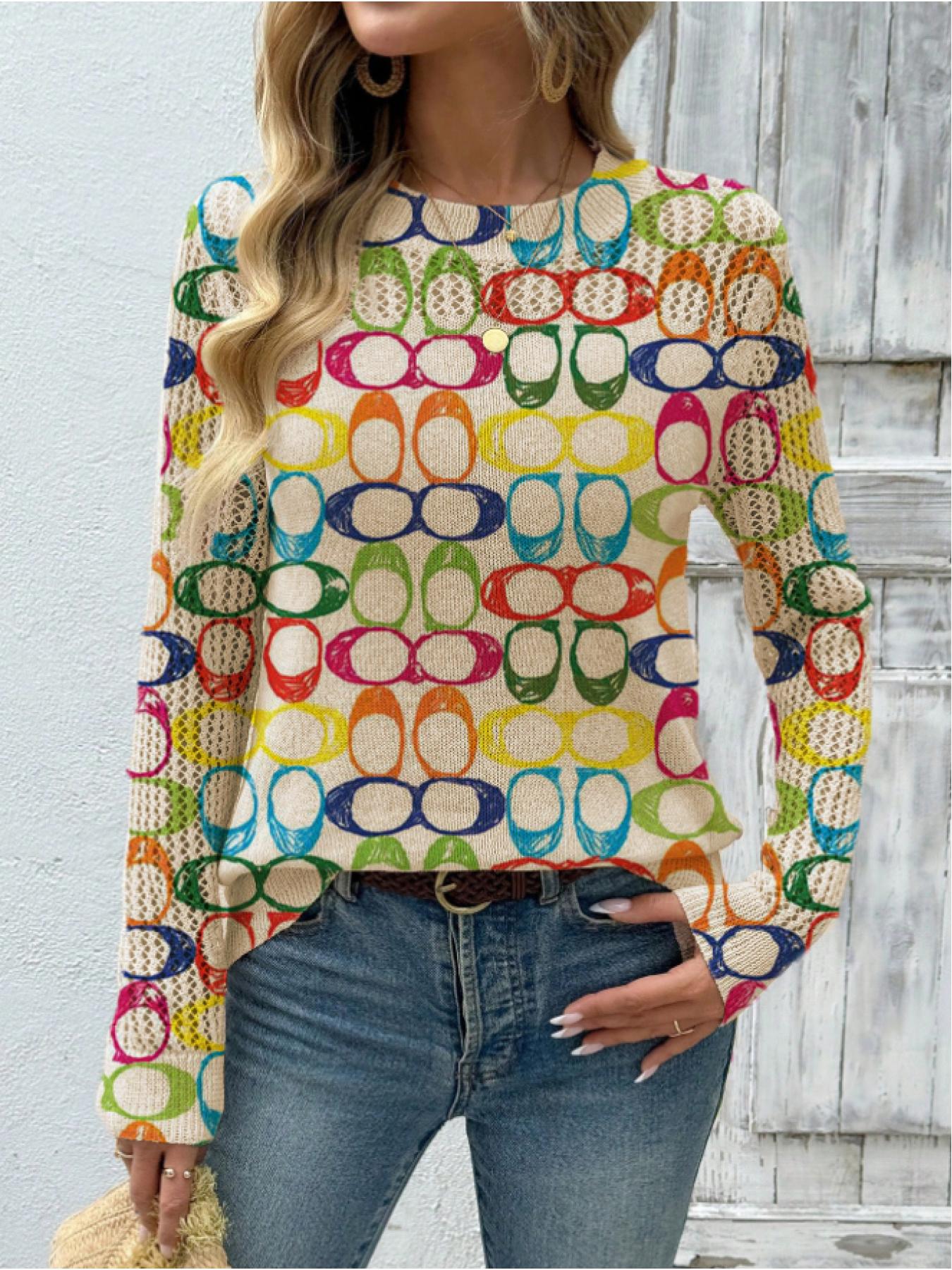 Women's Geometric Pattern Colorblock Print Round Neck Sweater, Casual Long Sleeve Knitwear for Fall Winter, Comfortable Warm Daily Wear