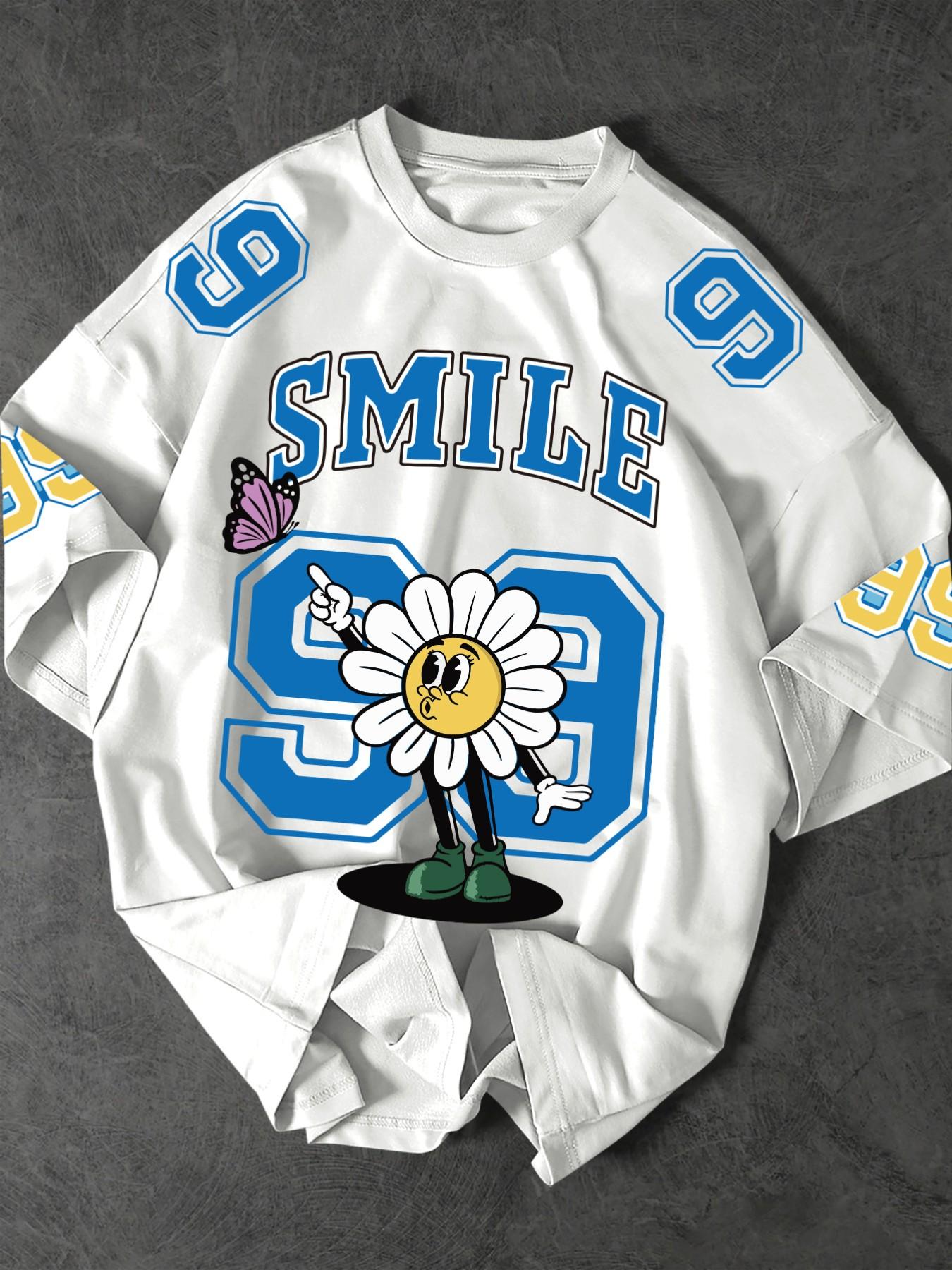 90s Retro College Style Cartoon Daisy Cotton Short Sleeve, Blue Tone Team Number 99, Butterfly Accent, Loose Fit for Campus, Skateboarding, Summer