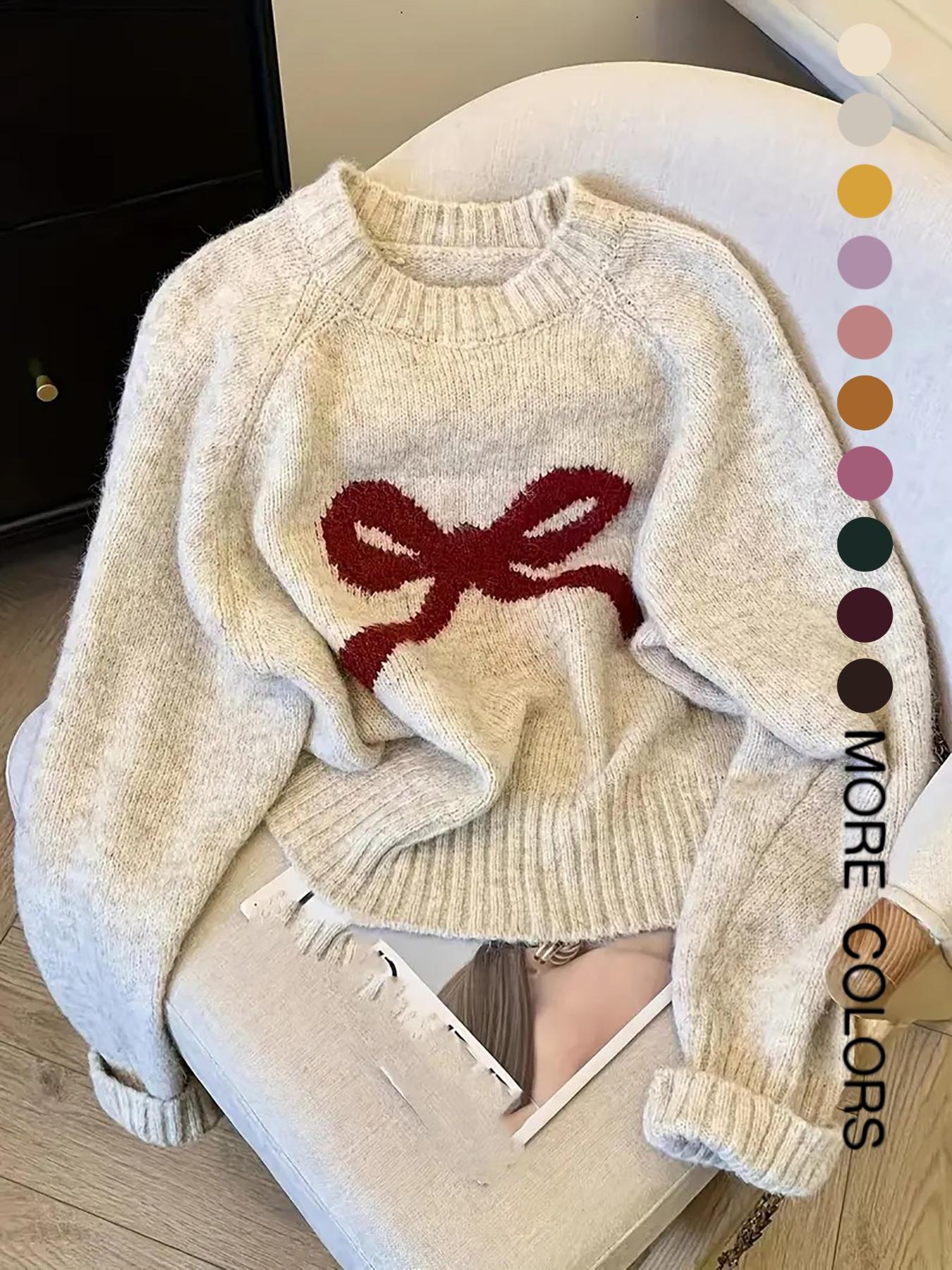 Women's Butterfly Knot Round Neck Sweater, Fall & Winter Thick Knit Top, Sweet Style Loose Fit, Elegant Cardigan for Valentine's Day, Womenswear, Knitwear