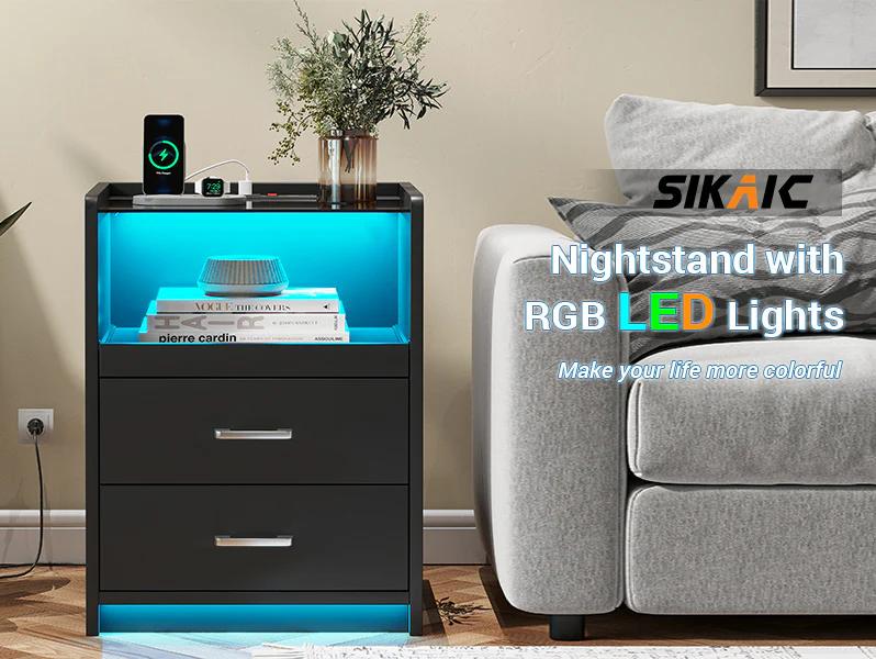 Sikaic LED Nightstand With Charging Station Drawers Furniture Bedroom Table Home Modern Design Bedside Makeup Dressing Desk